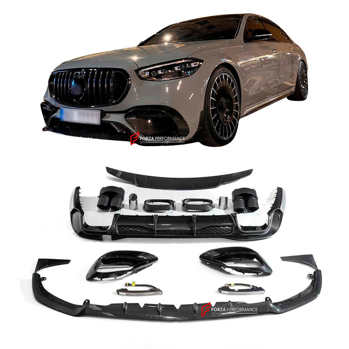 DRY CARBON BODY KIT for Mercedes Benz S CLASS S63 W223 2021+
Set includes:

Front Lip
Front Bumper Vents
Led Light Covers / Front Fascia Attachments
Rear Diffuser
Trunk Spoiler
Exhaust Tips
Material: Dry Carbon

NOTE: Professional installation is required.