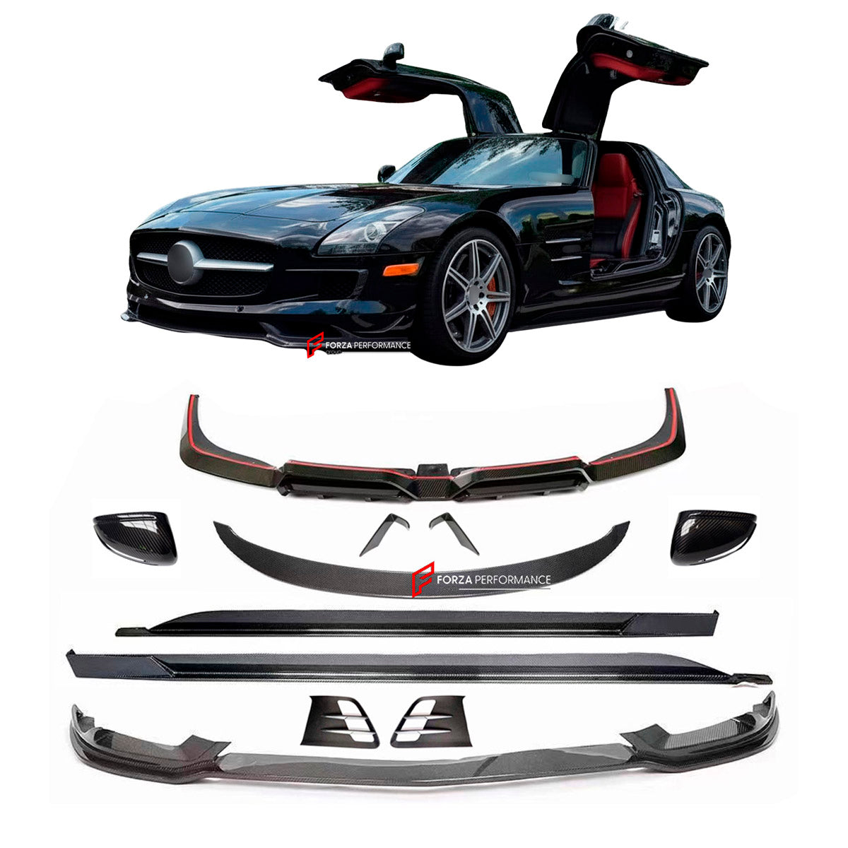 CARBON BODY KIT for Mercedes Benz SLS AMG W197 2010 - 2015
Set includes:

Front Lip
Side Mirror Covers
Side Fender Air Vents
Side Skirts
Rear Spoiler Wing
Rear Diffuser
Material: Carbon

NOTE: Professional installation is required.