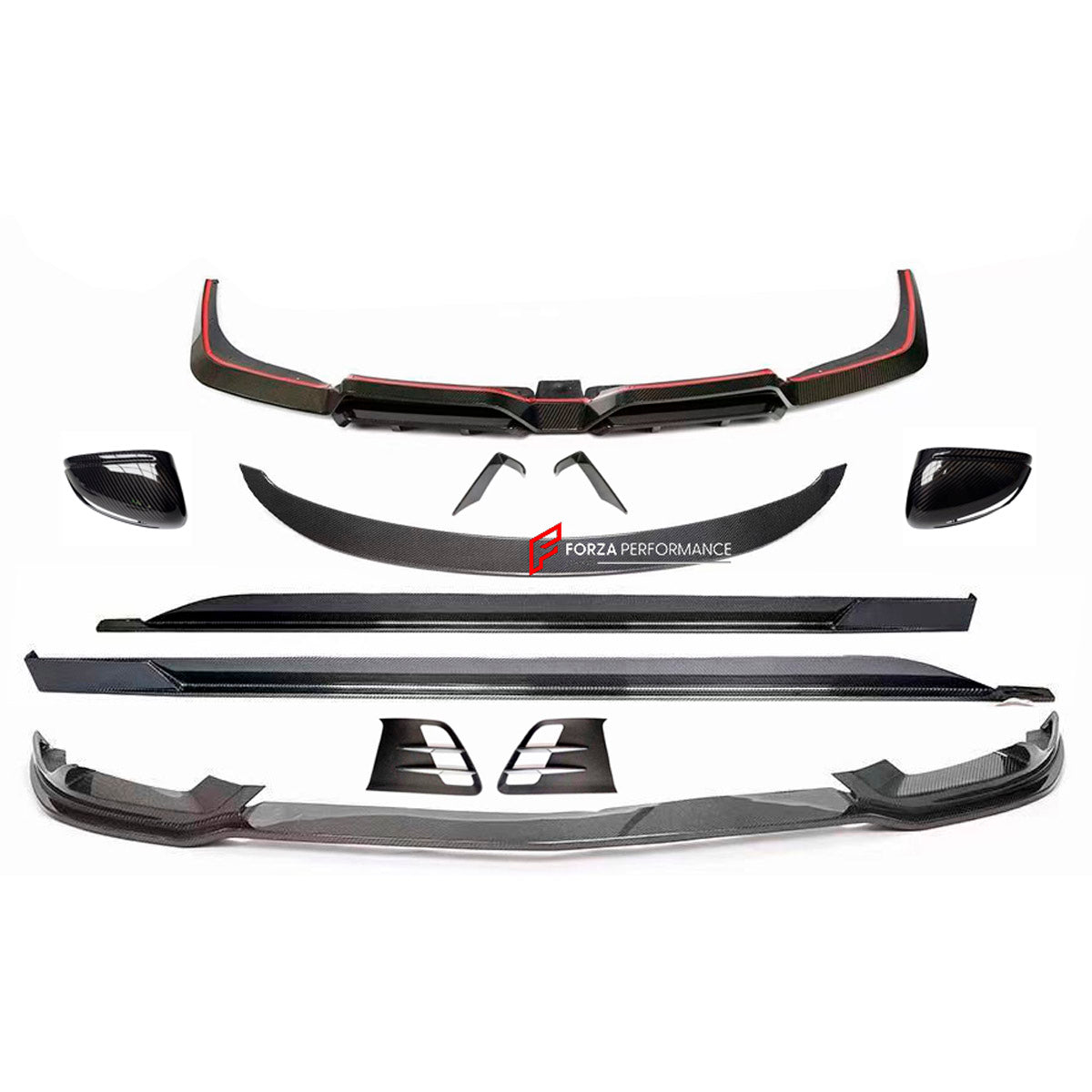 CARBON BODY KIT for Mercedes Benz SLS AMG W197 2010 - 2015
Set includes:

Front Lip
Side Mirror Covers
Side Fender Air Vents
Side Skirts
Rear Spoiler Wing
Rear Diffuser
Material: Carbon

NOTE: Professional installation is required.