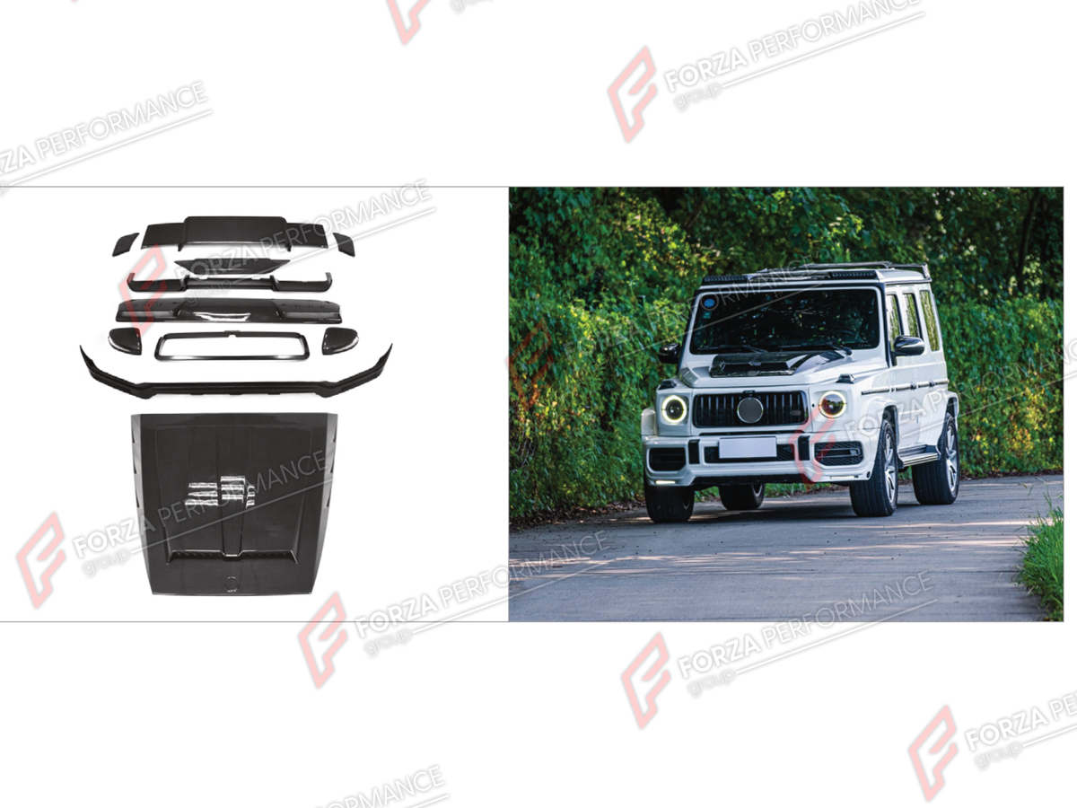 CARBON BODY KIT for MERCEDES-BENZ G-CLASS W464 G63 2019 - 2024 FORZA PERFORMANCE custom fit BA Style
Set includes:

Front Lip
Grille Frame
Side Mirror Covers
Hood Bonnet
Roof Light Bar
Rear Spoiler Wing
Rear Diffuser
Material: Carbon

NOTE: Professional installation is required.