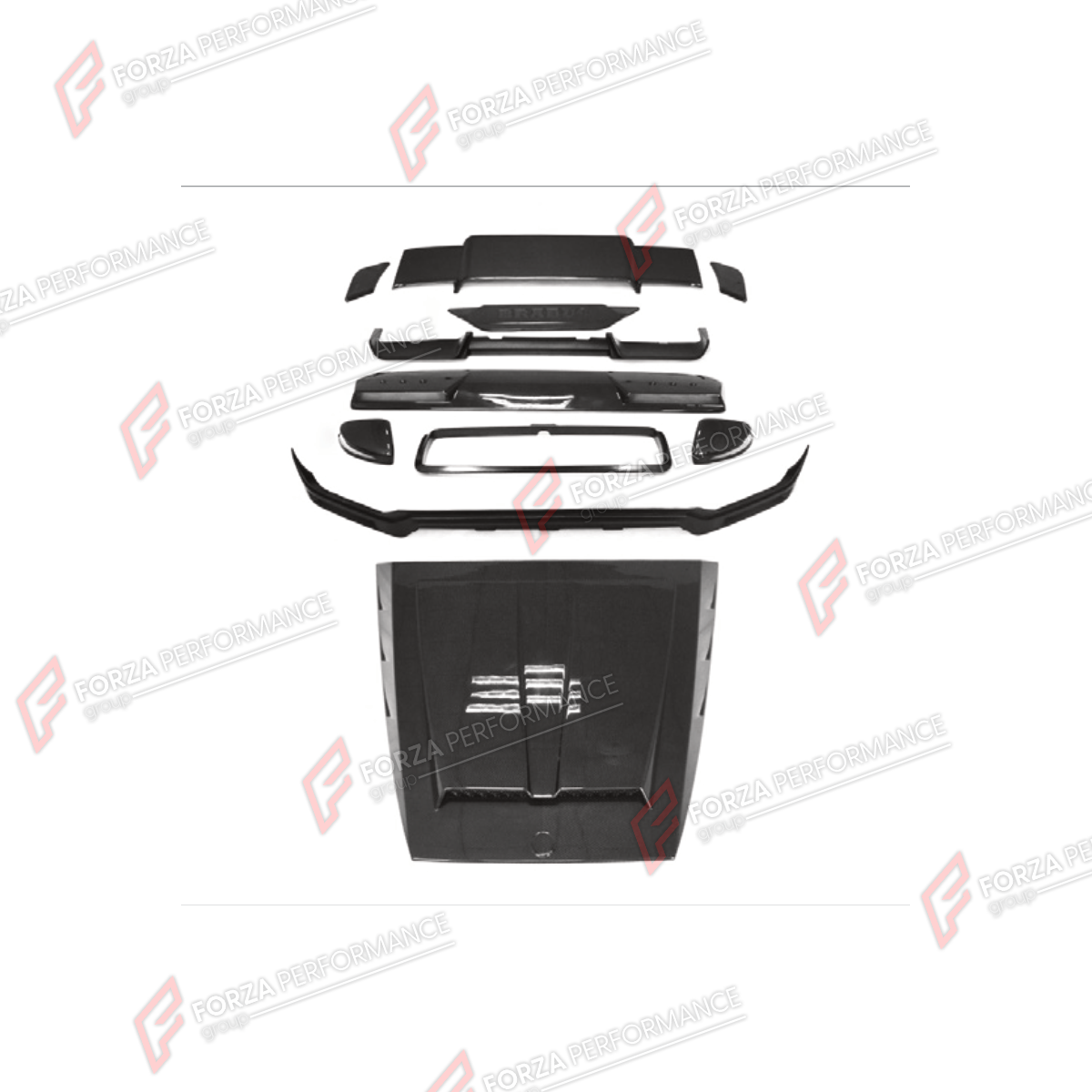 CARBON BODY KIT for MERCEDES-BENZ G-CLASS W464 G63 2019 - 2024 FORZA PERFORMANCE custom fit BA Style
Set includes:

Front Lip
Grille Frame
Side Mirror Covers
Hood Bonnet
Roof Light Bar
Rear Spoiler Wing
Rear Diffuser
Material: Carbon

NOTE: Professional installation is required.