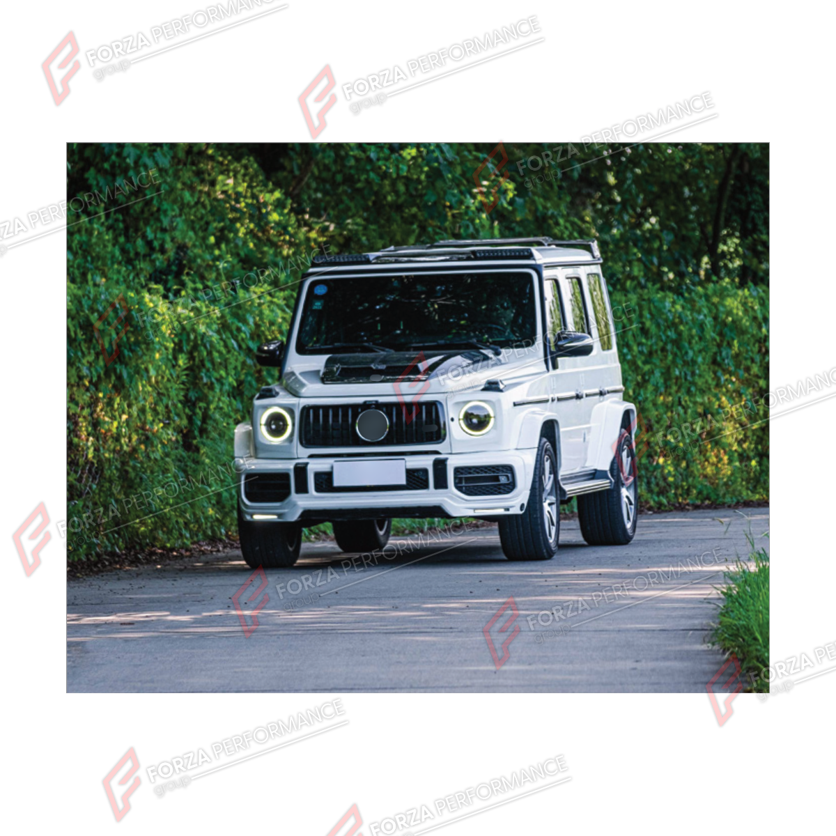 CARBON BODY KIT for MERCEDES-BENZ G-CLASS W464 G63 2019 - 2024 FORZA PERFORMANCE custom fit BA Style
Set includes:

Front Lip
Grille Frame
Side Mirror Covers
Hood Bonnet
Roof Light Bar
Rear Spoiler Wing
Rear Diffuser
Material: Carbon

NOTE: Professional installation is required.