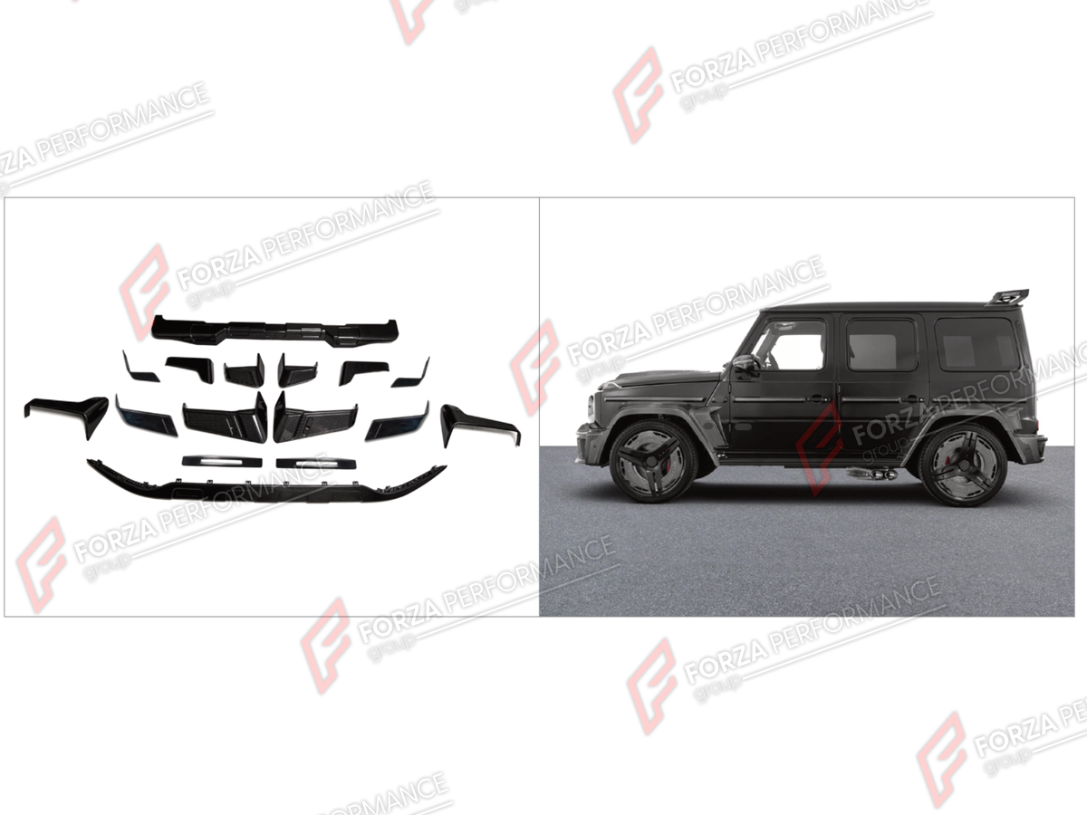 CARBON BODY KIT for MERCEDES-BENZ G-CLASS W465 G63 G450D G500 G550 2025+ FORZA PERFORMANCE custom fit B900
Set includes:

Front Lip
Front Bumper Assembly
Fender Vents
Rear Diffuser
Material: Carbon

NOTE: Professional installation is required.