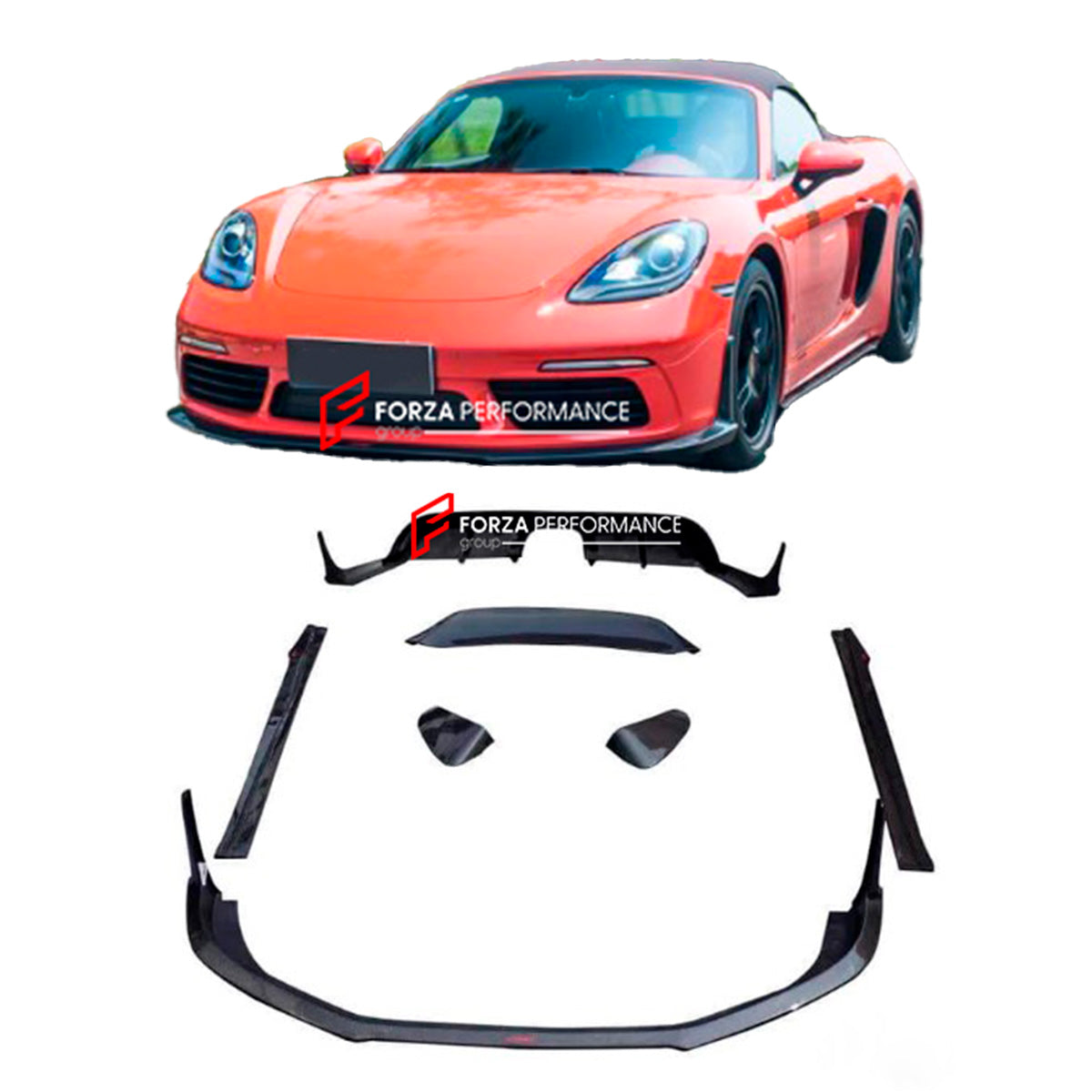 CARBON BODY KIT FOR PORSCHE 718 982 BOXTER CAYMAN 2016+

Set includes:

Front Lip

Side Skirts
Rear Fender Vents
Rear Spoiler
Rear Diffuser


Material: Carbon fiber

NOTE: Professional installation is required