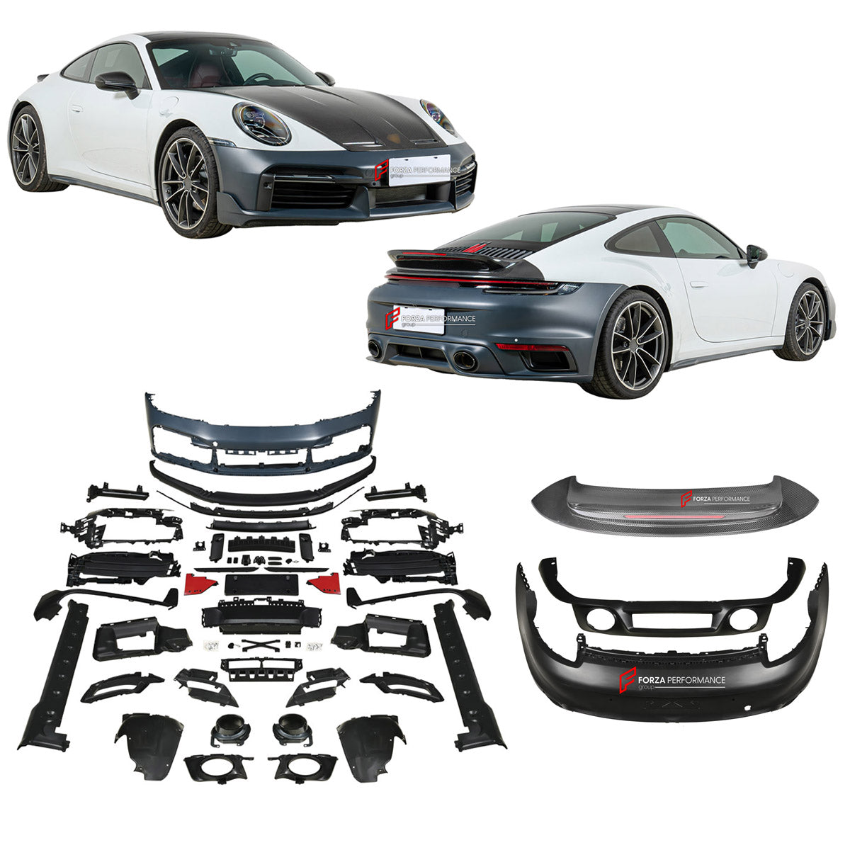 BODY KIT for PORSCHE 911 992.1 CARRERA 2019 - 2025 2019 - 2025 FORZA PERFORMANCE custom fit Sport Classic Style
Set includes:

Front Bumper Assembly
License Plate
Side Skirts
Ducktail Spoiler
Rear Bumper Assembly
Material: Plastic, Carbon

NOTE: Professional installation is required.

Sport Classic-style body kit for Porsche 911 992.1 Carrera 2019-2025 with front and rear bumpers, side skirts and iconic ducktail rear spoiler.

Transform the exterior of your Porsche 911 992.1 Carrera with a Sport Classic-sty