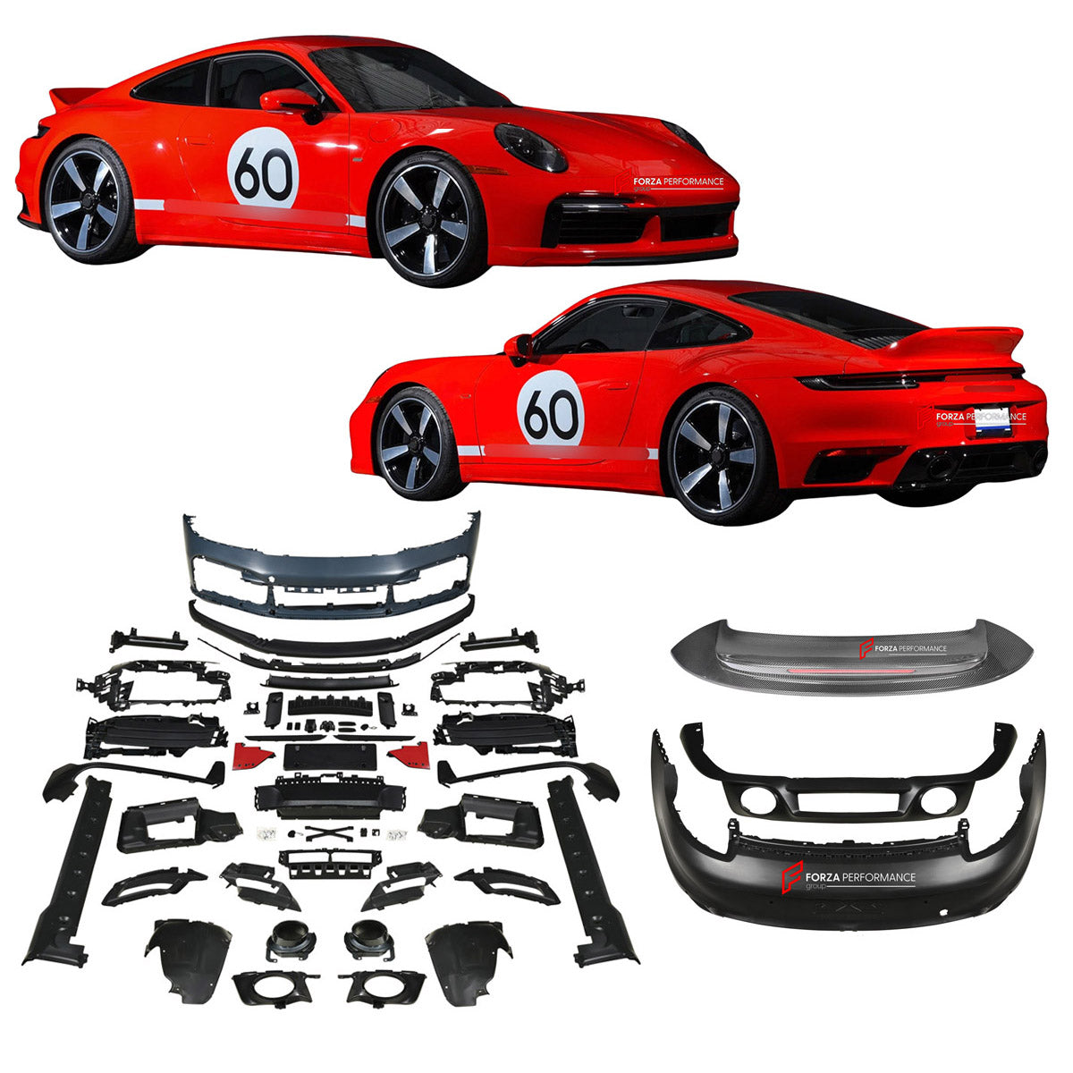 BODY KIT for PORSCHE 911 992.1 CARRERA 2019 - 2025 2019 - 2025 FORZA PERFORMANCE custom fit Sport Classic Style
Set includes:

Front Bumper Assembly
License Plate
Side Skirts
Ducktail Spoiler
Rear Bumper Assembly
Material: Plastic, Carbon

NOTE: Professional installation is required.

Sport Classic-style body kit for Porsche 911 992.1 Carrera 2019-2025 with front and rear bumpers, side skirts and iconic ducktail rear spoiler.

Transform the exterior of your Porsche 911 992.1 Carrera with a Sport Classic-sty