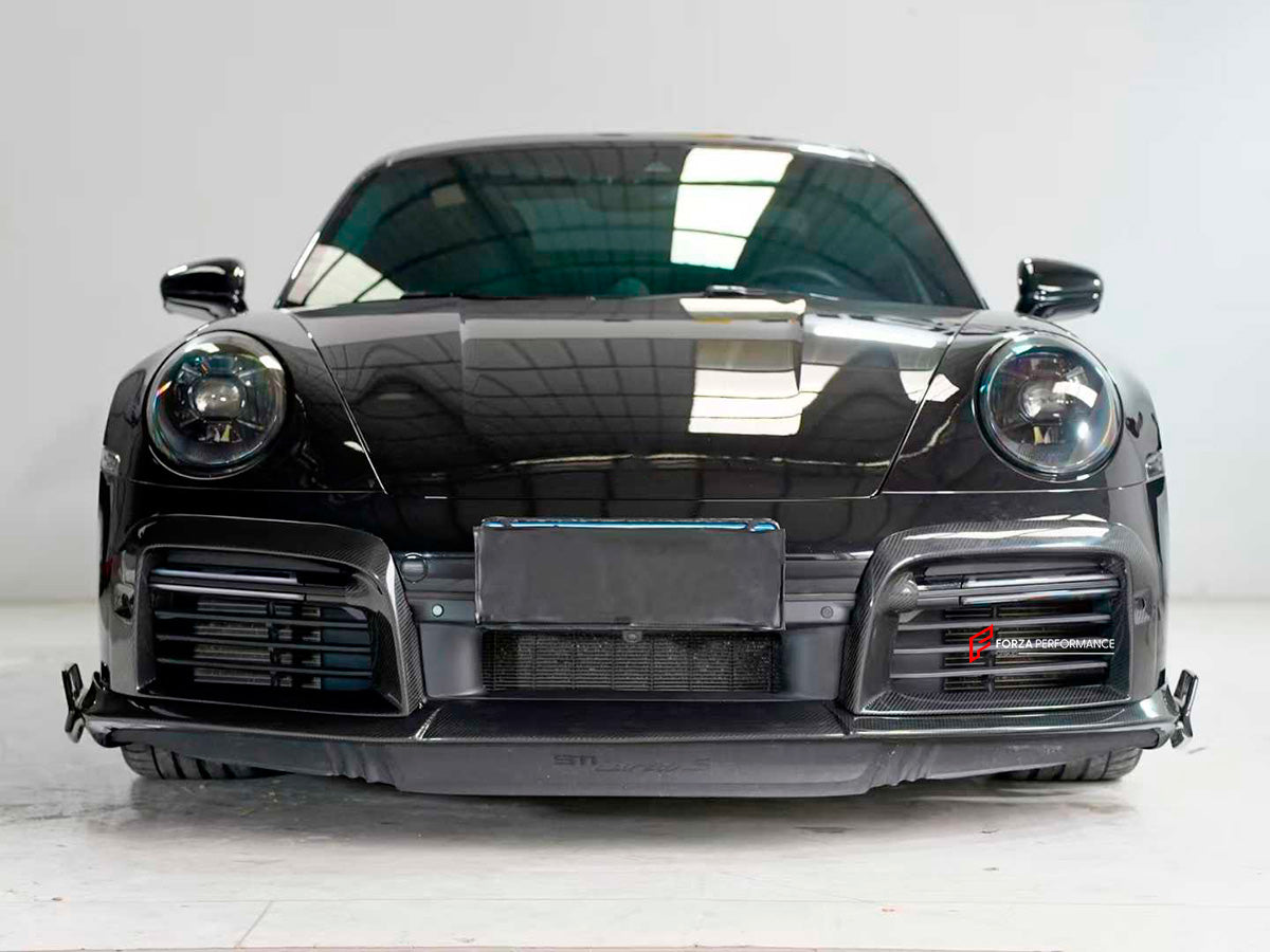 DRY CARBON BODY KIT FOR PORSCHE 911 992 TURBO TURBO S 2019+  Set includes:  Front Lip Front Air Vent Covers Side Skirts  Rear Diffuser Exhaust Tips Rear Canards Rear Spoiler