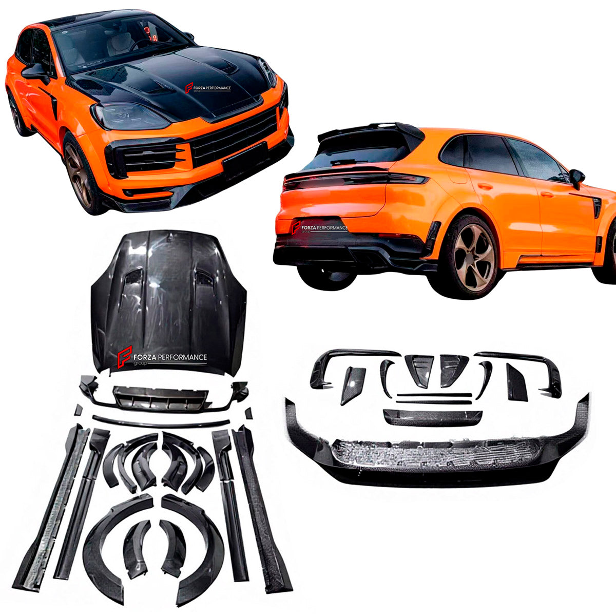 CARBON BODY KIT for Porsche Cayenne 9Y0.2 2024+
Set includes:

Front Lip
Front Bumper Fins
Hood Bonnet
Front Fenders
Front Fender Vents
Side Skirts
Rear Fenders
Roof Spoiler
Rear Diffuser
Material: Carbon

NOTE: Professional installation is required.