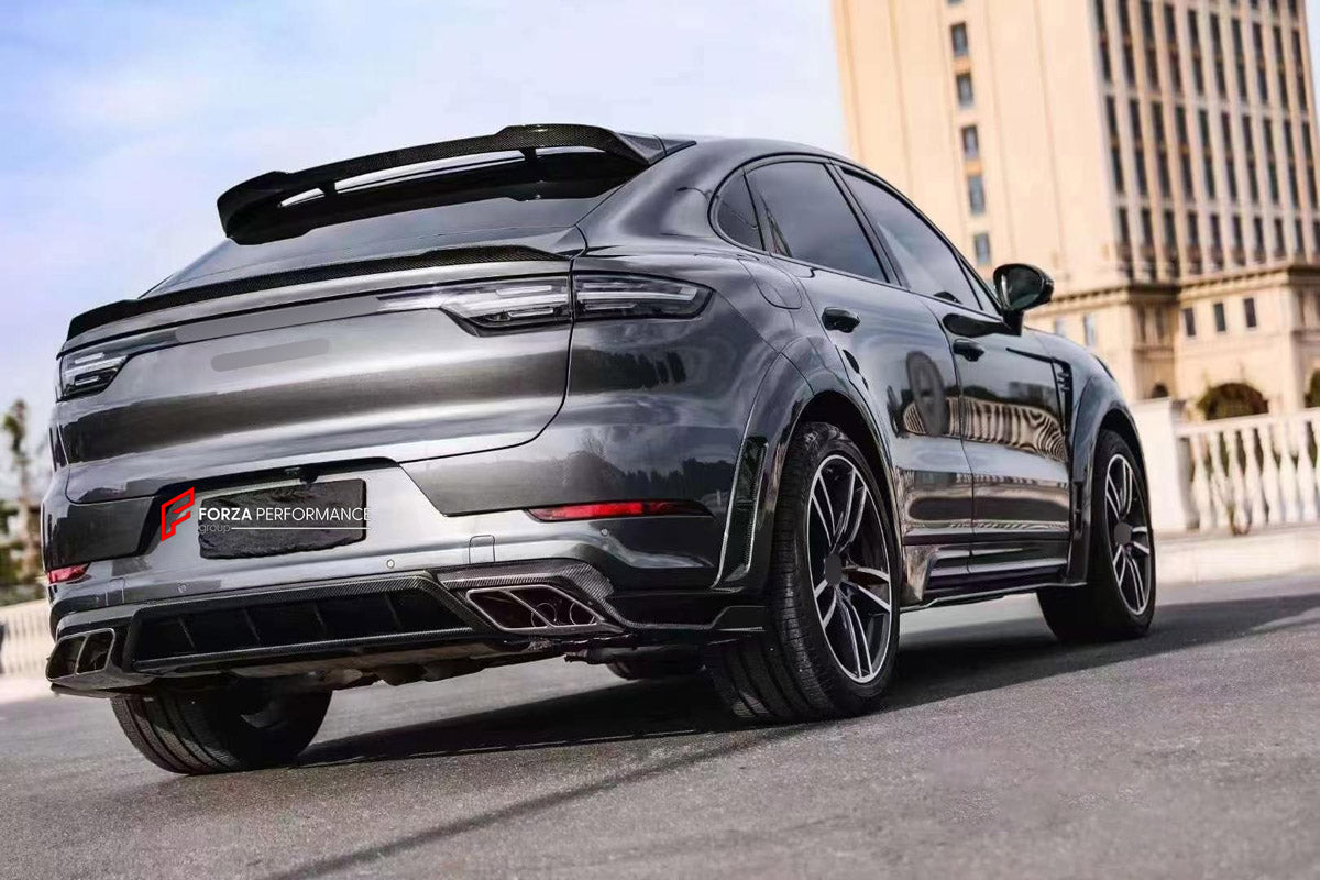 CARBON BODY KIT for PORSCHE CAYENNE E3 9Y 9Y0 9Y3 2017 - 2023 FORZA PERFORMANCE custom fit Mansory Style

Set includes:
Front Lip
Front Bumper Center Trim
Front Grille Mesh Cover Trims
Hood Bonnet
Side Fender Vents
Fender Flares
Side Skirts
Roof Spoiler
Ducktail Spoiler
Rear Bumper Fins
Rear Diffuser
Exhaust Tips

Material: Carbon

NOTE: Professional installation is required.