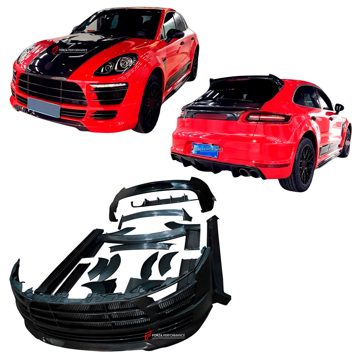 CARBON BODY KIT for Porsche Macan 95B.1 2014 - 2018
Set includes:

Front Bumper Assembly
Hood Bonnet
Front Fenders
Side Skirts
Body Side Door Moldings
Rear Fenders
Roof Spoiler
Ducktail Spoiler
Rear Bumper
Rear Diffuser
Material: Carbon

NOTE: Professional installation is required.