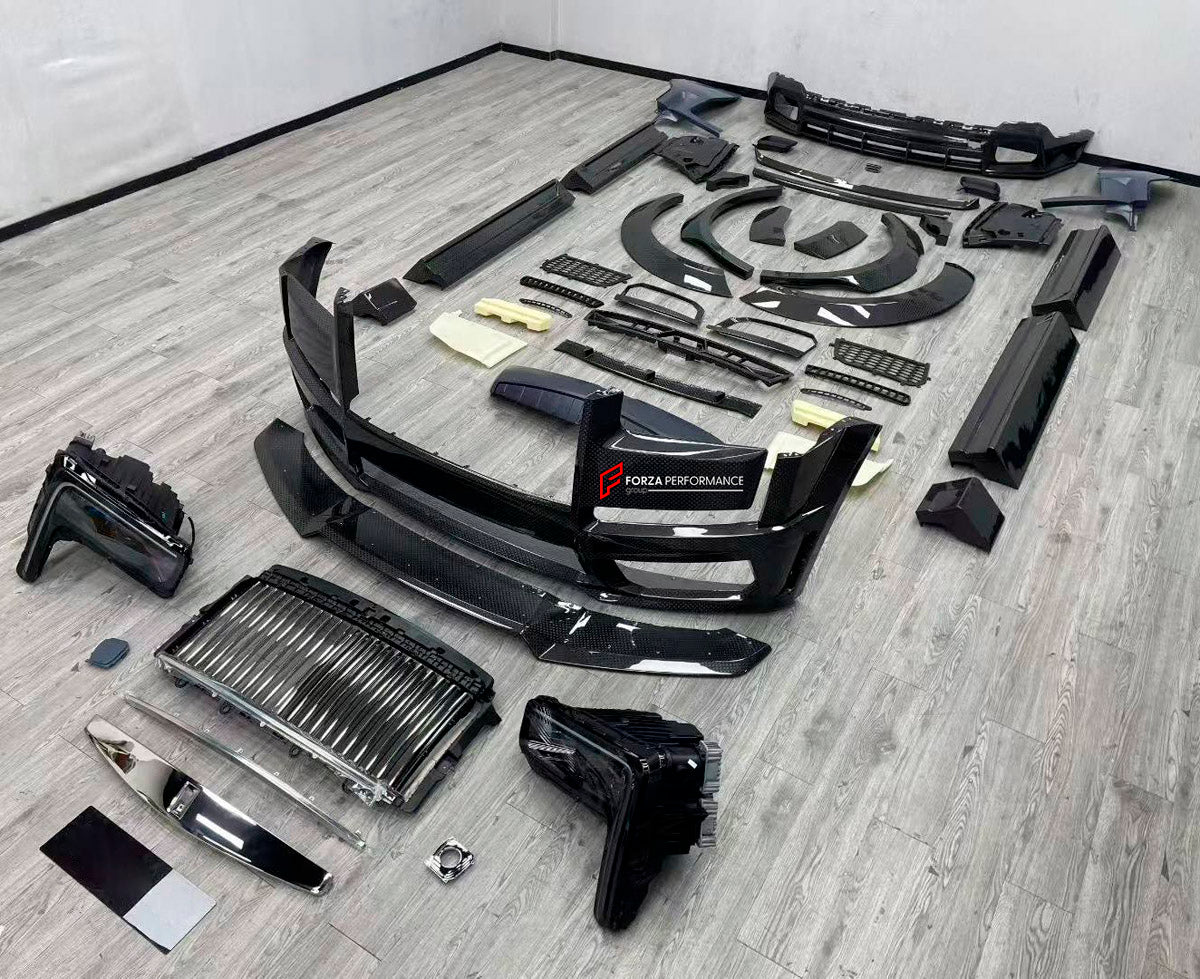 CARBON BODY KIT for ROLLS ROYCE CULLINAN 2024+ FORZA PERFORMANCE custom fit 1016
Set includes:

Front Lip
Front Bumper Assembly
Front Fenders Flares
Side Skirts
Body Side Door Moldings
Rear Fenders Flares
Roof Spoiler
Ducktail Spoiler
Rear Diffuser
Material: Carbon

NOTE: Professional installation is required.
