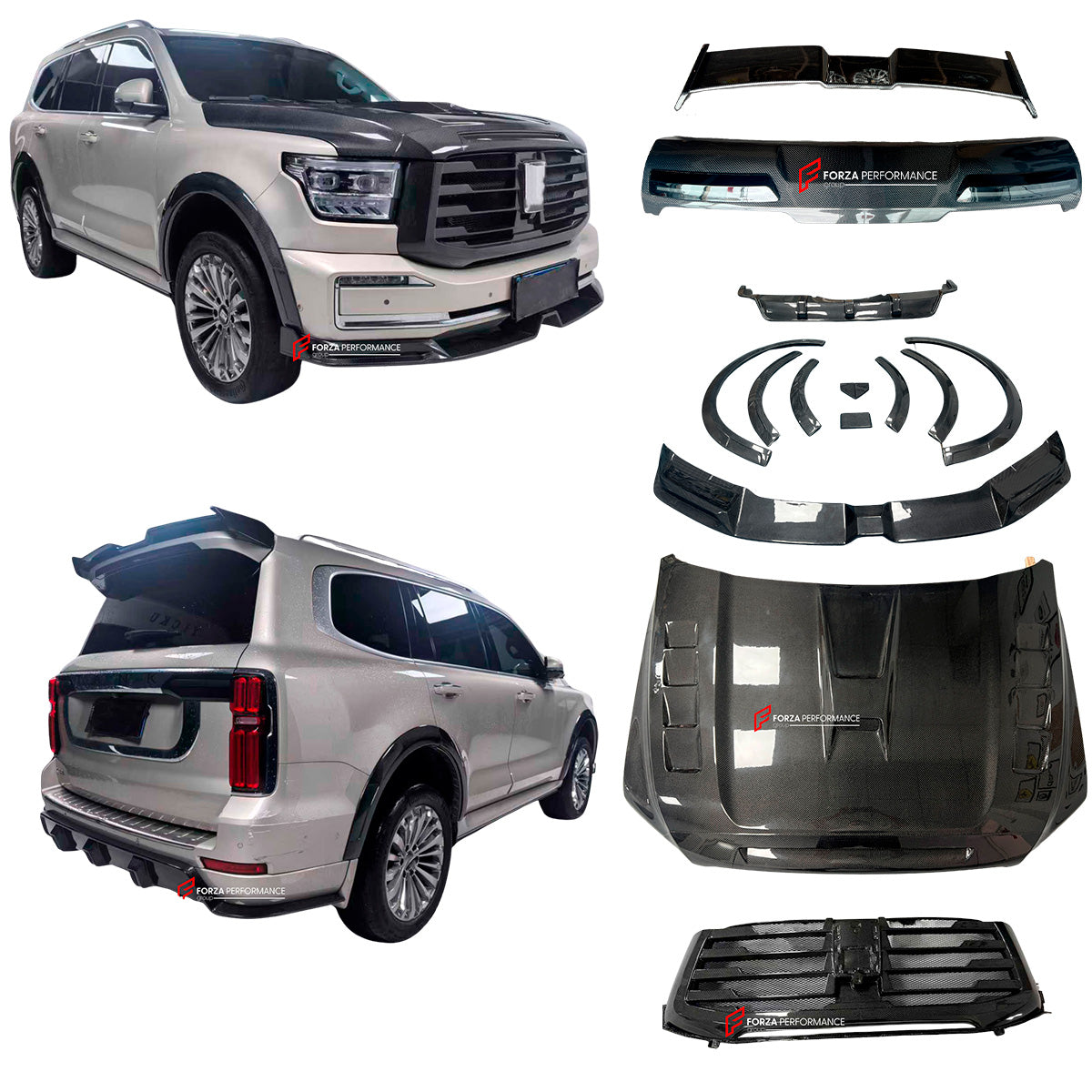 CARBON BODY KIT for GWM TANK 500 2022+

Set includes:

Front Lip
Front Grille
Hood
Fender Flares
Roof Spoiler
Trunk Spoiler
Rear Diffuser

Material: Carbon

Note: Professional installation is required.
