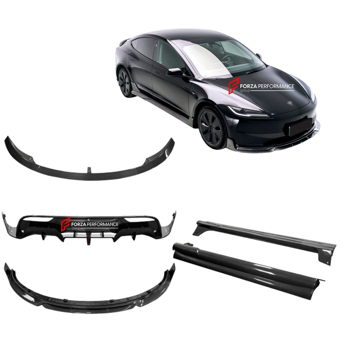 Carbon Body Kit for Tesla Model 3 2017 - 2023
Set includes:

Front Lip
Side Skirts
Diffuser
Spoiler
Material: Carbon (Can be made in Forged Carbon)

NOTE: Professional installation is required.