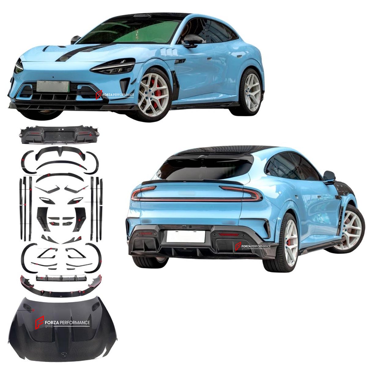 CARBON BODY KIT for XIAOMI YU7 2025+
Set includes:

Front Lip
Front Bumper Center Lip
Front Bumper Canards
Front Fender Trims
Hood Bonnet
Hood Bonnet Air Vents
Blade Side Skirts
Rear Lip
Rear Bumper Canards
Blade Rear Spoiler
Material: Carbon (Can be made in FRP, Matte Carbon or Forged Pattern)

NOTE: Professional installation is required.