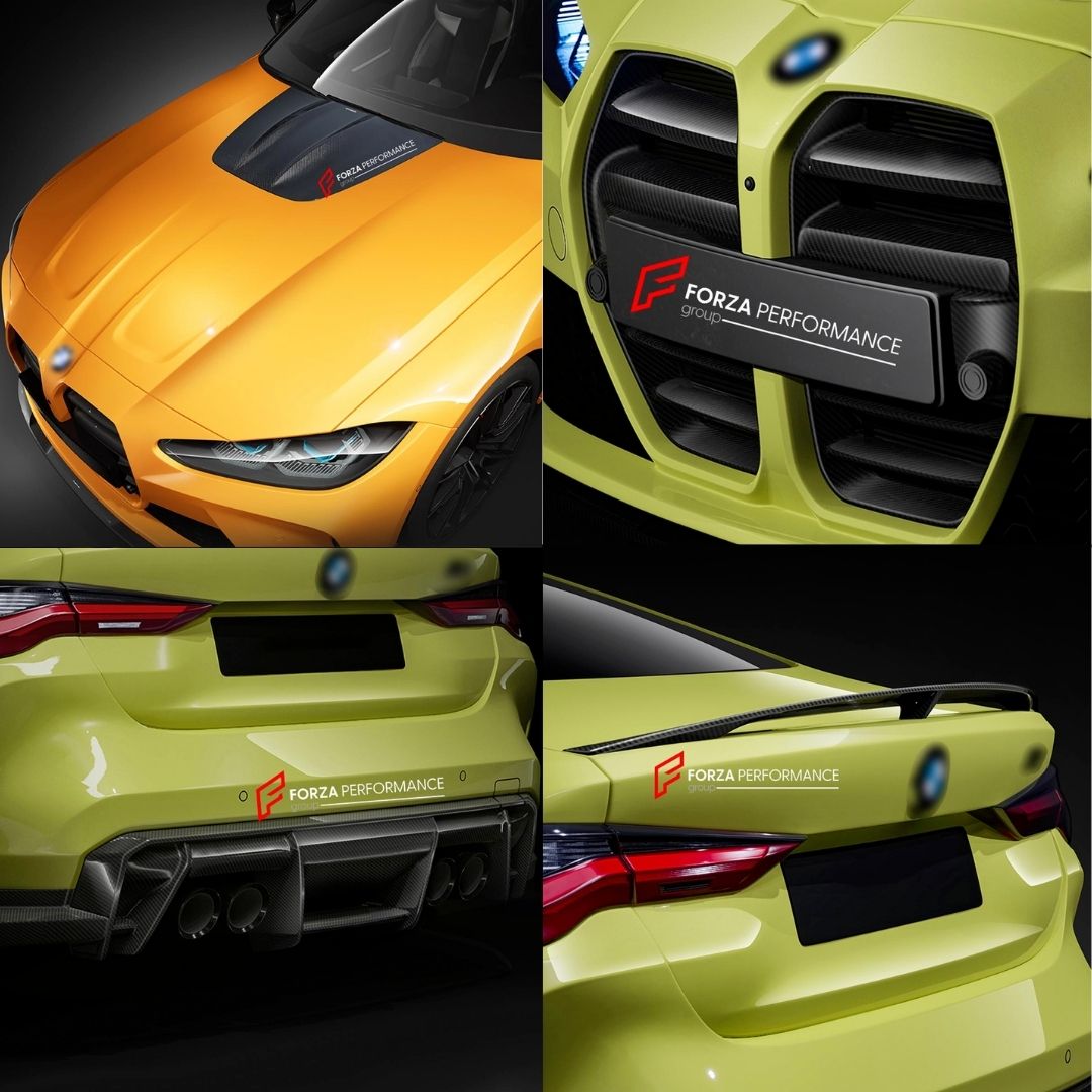 CARBON BODY KIT WITH CUP SERIES FRONT LIP for BMW M3 G82 M4 G80 2021 - 2024 FORZA PERFORMANCE Custom fit Dry Carbon Achen Cybe Achencybe Design Style
Set includes:

Cup Series Front Lip
Front Grille
Hood Bonnet Trim
Rear Diffuser
Rear Spoiler
Material: Carbon

NOTE: Professional installation is required.