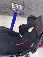 Carbon bucket seats for Ferrari SF90 Stradale Spider - pair in black leather and Alcantara with red accents and carbon shell, weight 16.55 kg on the scale