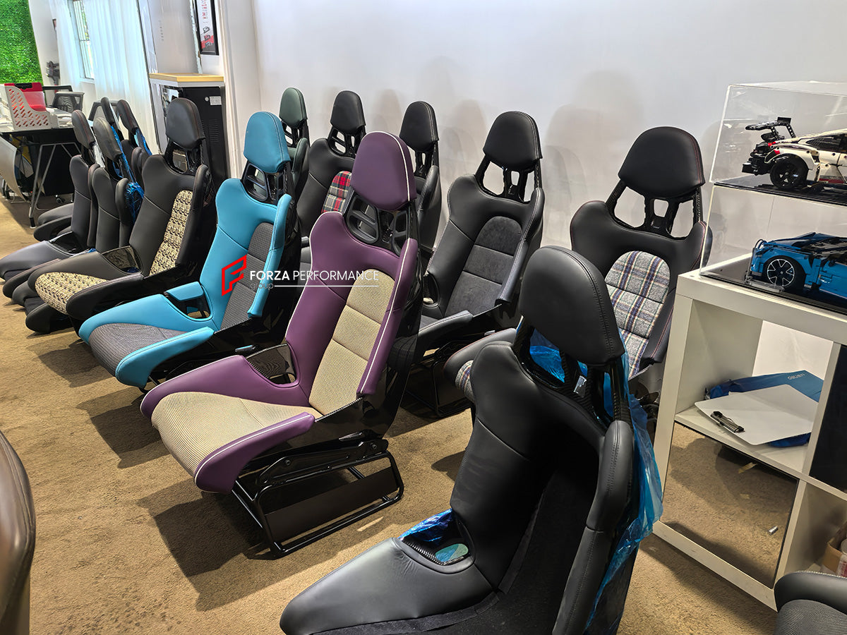We manufacture custom carbon bucket seats for Porsche models. We offer fully customizable options including an optional memory foam insert, integrated side airbags, electric connectors to seat belts, and a seat occupancy sensor further elevate safety without compromising on a lightweight, durable construction—ensuring you race ahead with unmatched support.

Advantages of Forza Performance Group Bucket Seats:
Fully Customizable Design
Optional Memory Foam Insert

Integrated Side Airbags
Electric Connectors t