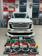 We manufacture premium quality carbon ceramic brakes discs rotors for TOYOTA LAND CRUISER 300 LC300 2021+ in any size

Specification:

Authentic AP Racing CP9560 6 Pot Front Brake Calipers
Authentic AP Racing CP9542 4 pot Rear Brake Calipers

Electric Parking Brakes
Front disc: 390 mm, thickness 36 mm

Rear disc: 380 mm, thickness 28 mm
Material: Carbon Ceramic ( C / SiC) rings, Aluminium hat / bell

Includes: Carbon ceramic brake disсs / rotors, brake pads, brackets for calipers, hoses.

Fitment: Direct Bo