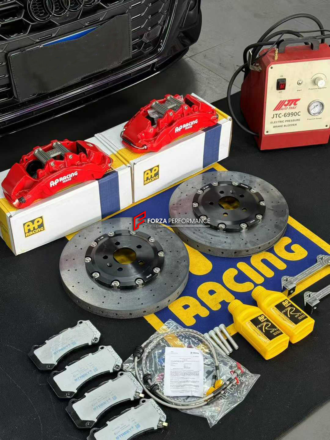 CARBON CERAMIC BIG BRAKE KIT for AUDI S4 B9 FACELIFT 2019+

Forza Performance Group offers various types of big brake kits, all types of aftermarket brake calipers, as well as genuine original brands of all types, such as AP Racing, Brembo, Akebono, AMG, M Performance, Audi, Porsche, Lamborghini, Toyota TRD, etc.

Material: Carbon Ceramic

Current set includes:

2x Authentic Ap Racing CP9571 6 Pot Front Brake Calipers

2x Front Brake Discs 380 mm

2x Brake Caliper Adapters
2x Brake Pads

PLEASE INCLUDE YOUR