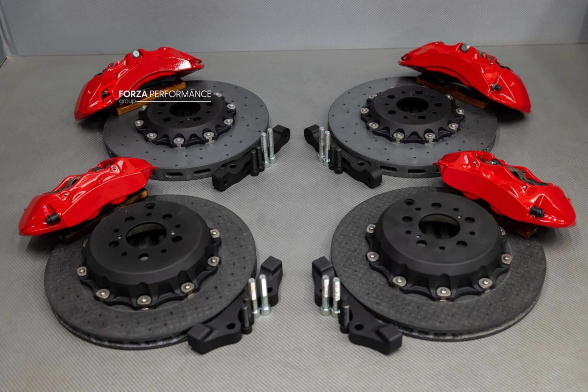 CARBON CERAMIC BIG BRAKE KIT for FERRARI 550 MARANELLO 1996 - 2002

Forza Performance Group offers various types of big brake kits, all types of aftermarket brake calipers, as well as genuine original brands of all types, such as AP Racing, Brembo, Akebono, AMG, M Performance, Audi, Porsche, Lamborghini, Toyota TRD, etc.

Material: Carbon Ceramic

Current set includes:

2x 6 Pot Front Brake Calipers

2x 4 pot Rear Brake Calipers
2x Front Brake Discs 355 mm
2x Rear Brake Discs 356 mm
2x Brake Caliper Adapter