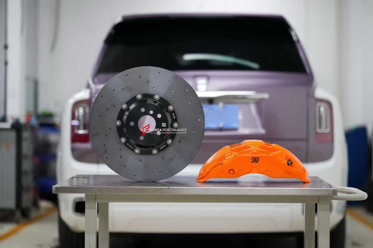 We manufacture premium quality carbon ceramic brakes discs rotors for ROLLS ROYCE CULLINAN 2018 - 2024 in any size

Specification:

Authentic Akebono 10 Pot Front Brake Calipers
Front disc: 440 mm, thickness 40 mm

Material: Carbon Ceramic ( C / SiC) rings, Aluminium hat / bell

Includes: Carbon ceramic brake disсs / rotors, brake pads, brackets for calipers, hoses.

Fitment: Direct Bolt-On replace OE IRON

BRAKE DISCS ROTORS CAN BE MADE FOR YOUR CAR IN ANY SIZE AND UPGRADED FROM IRON / STEEL DISCS TO CARBO