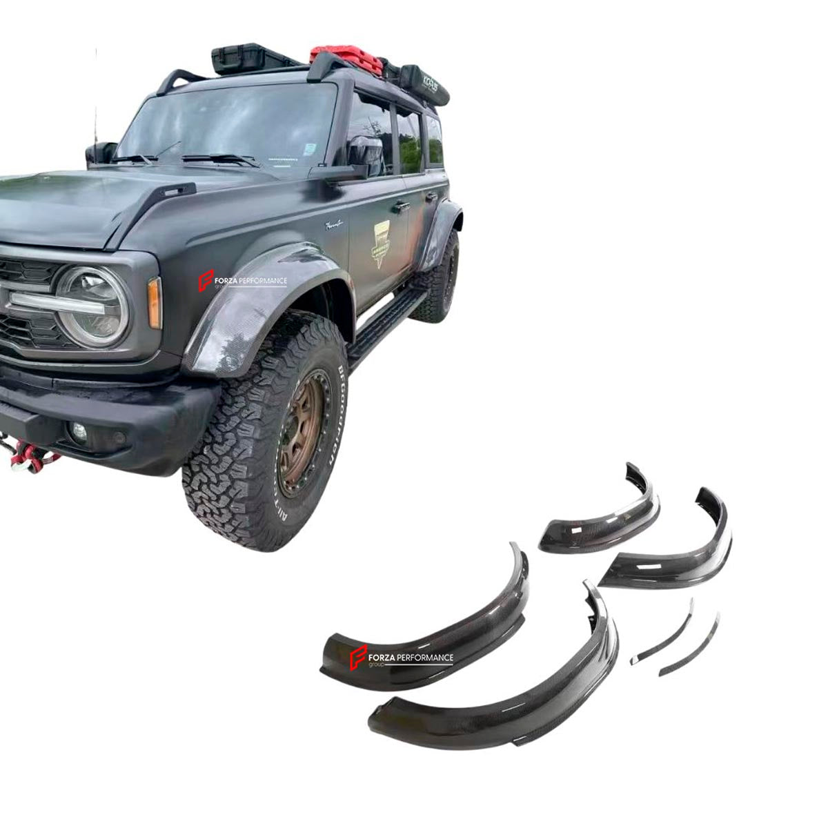 CARBON FENDER ARCHES for FORD BRONCO VI U725 4 DOOR 2021+ Forza Performance Custom fit
Set includes:

Front Fender Arches
Rear Fender Arches
Rear Fender Arch Extension Trims
Material: Carbon (Can be made in Diagonal Twill or Forged Pattern)

NOTE: Professional installation is required.