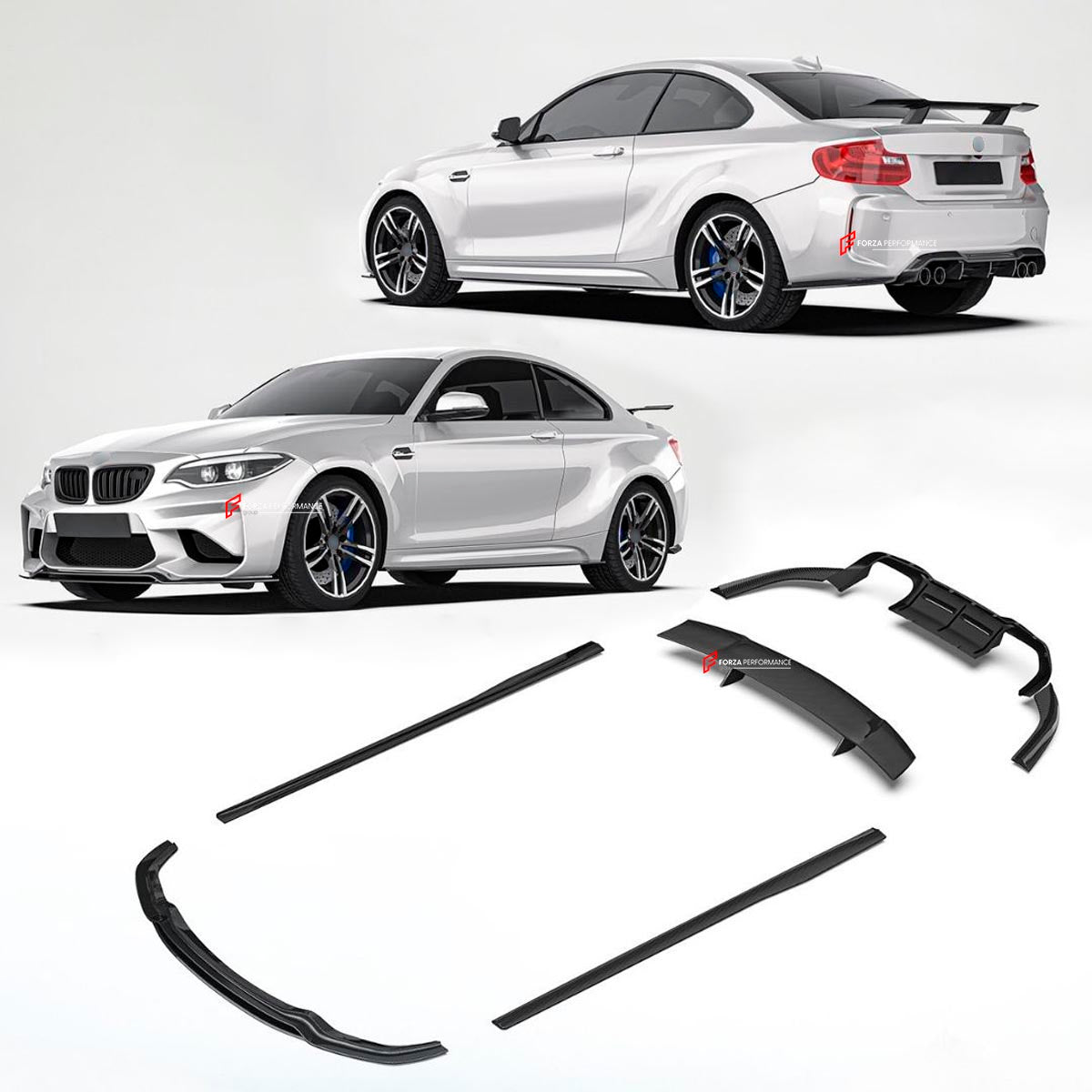 CARBON FIBER BODY KIT for BMW M2 F87 2016 - 2020
Set includes:

Front Lip
Side Skirts
Rear Side Splitters
Rear Diffuser
Material: Carbon Fiber

NOTE: Professional installation is required.