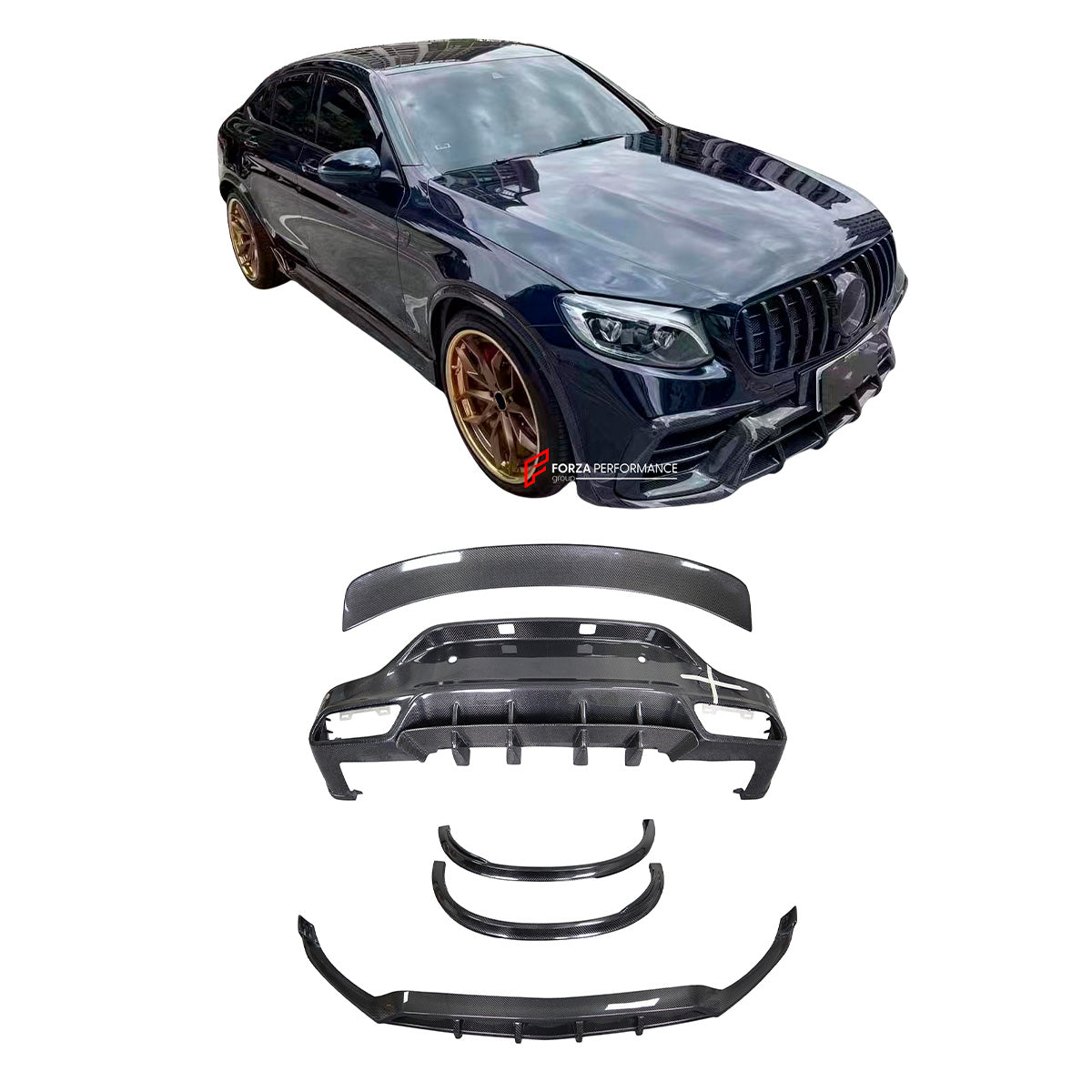 CARBON FIBER BODY KIT for MERCEDES BENZ GLC X253 C253 2015 - 2019

Set includes:

Front Lip
Front Bumper Trim
Fender Flares
Rear Spoiler
Rear Diffuser

Exhaust Tips

Material: Carbon Fiber