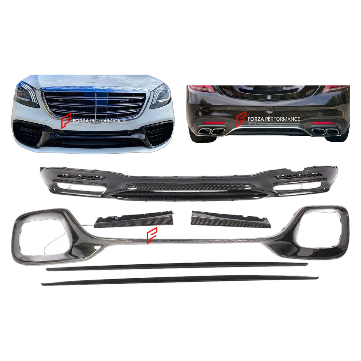 CARBON FIBER BODY KIT for MERCEDES BENZ S CLASS W222 S63 S65 2017 - 2018 FORZA PERFORMANCE Custom Fit
Set includes:

Front Bumper Air Intake Trim
Rear Diffuser
Side Skirts
Material: Carbon Fiber

NOTE: Professional installation is required.

Why “Contact Us for Pricing”?
We don’t display fixed prices because our goal is to offer you the most competitive deal possible. Product costs often decrease over time, and by requesting a quote, you’ll receive our most up-to-date price on market.

SECURED PAYMENT METHO