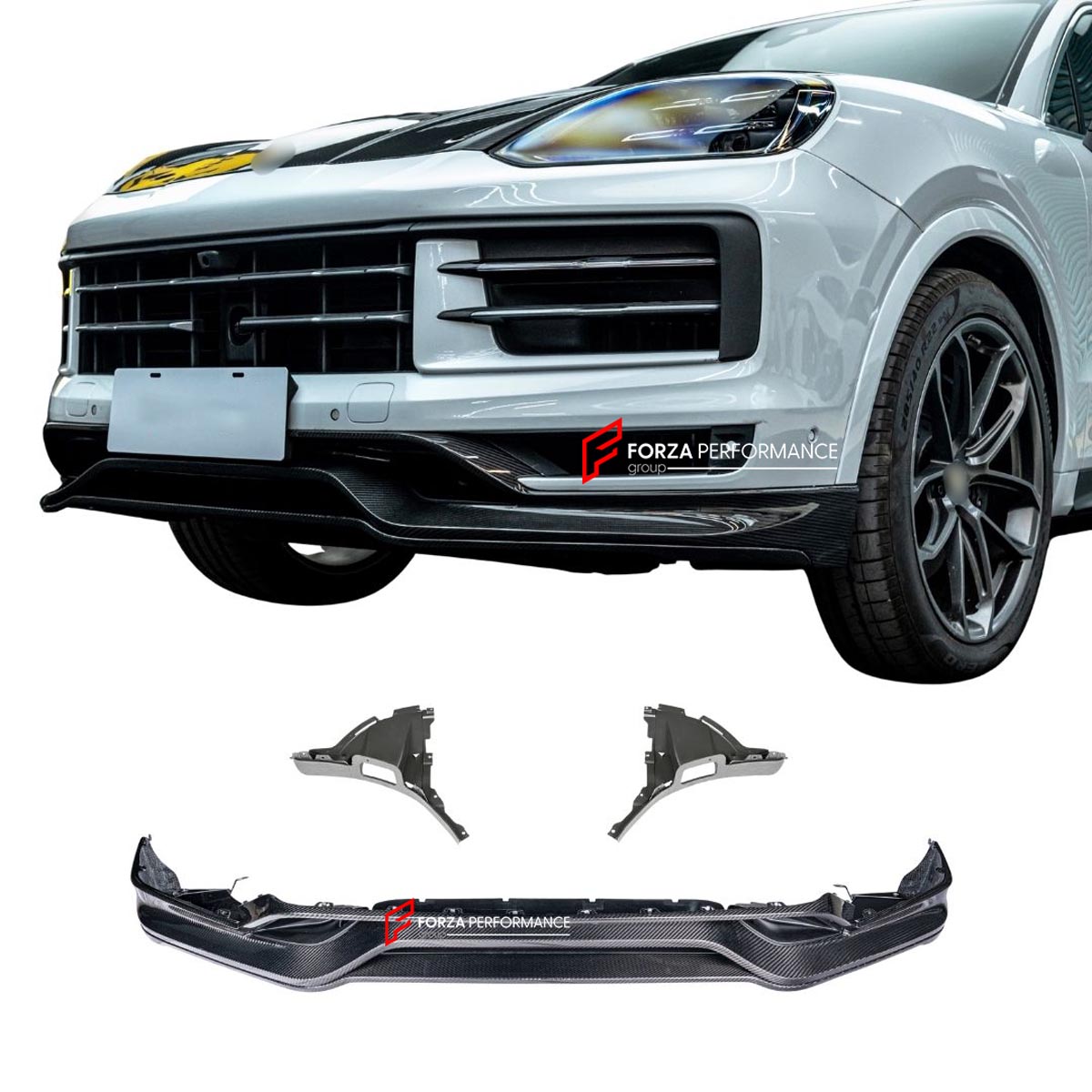 CARBON FIBER FRONT LIP WITH SIDE CORNERS for PORSCHE CAYENNE E3 9Y 2023+ Forza Performance Custom fit
Set includes:

Front Lip
Side Corners
Material: Carbon Fiber

NOTE: Professional installation is required.