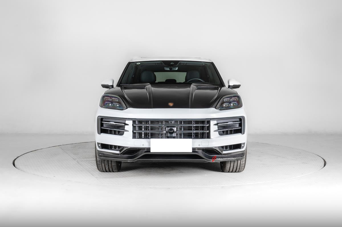 CARBON FIBER FRONT LIP WITH SIDE CORNERS for PORSCHE CAYENNE E3 9Y 2023+ Forza Performance Custom fit
Set includes:

Front Lip
Side Corners
Material: Carbon Fiber

NOTE: Professional installation is required.