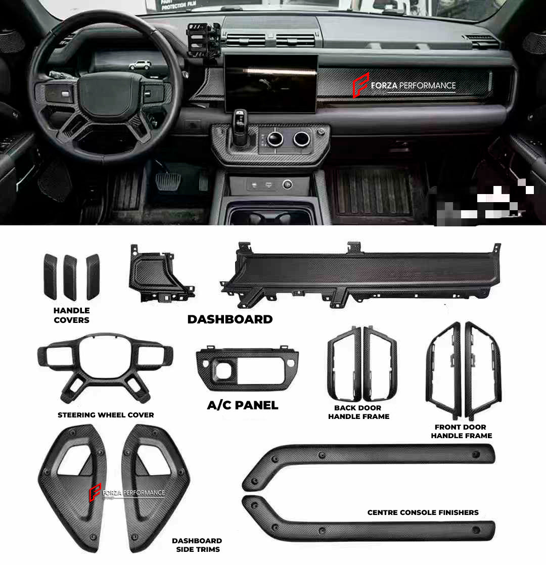 DRY CARBON FIBER INTERIOR TRIM KIT COVERS for LAND ROVER DEFENDER L663 2020+
Set includes:
Steering wheel trim cover
Door handle trim covers (3pcs)
Сenter dashboard covers ( We have for LHD and RHD)
Center console trim cover
Material:Carbon Fiber
Note: Professional installation is required
dry carbon fiber interior trim kit, Land Rover Defender L663 interior trim, 2020+ Defender carbon fiber covers, premium carbon fiber trim kit, Land Rover Defender interior upgrade, rugged carbon fiber trim, Defender L663 