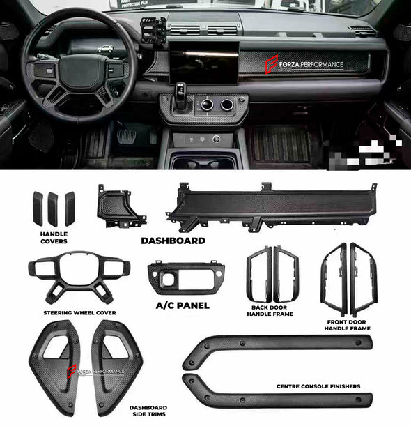 DRY CARBON FIBER INTERIOR TRIM KIT COVERS for LAND ROVER DEFENDER L663 2020+
Set includes:
Steering wheel trim cover
Door handle trim covers (3pcs)
Сenter dashboard covers ( We have for LHD and RHD)
Center console trim cover
Material:Carbon Fiber
Note: Professional installation is required
dry carbon fiber interior trim kit, Land Rover Defender L663 interior trim, 2020+ Defender carbon fiber covers, premium carbon fiber trim kit, Land Rover Defender interior upgrade, rugged carbon fiber trim, Defender L663 
