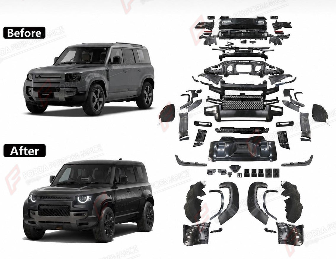 CARBON FIBER OCTA STYLE BODY KIT for LAND ROVER DEFENDER 90 110 130 L663 2020+
Set includes:

Front Bumper
Front Grille
Front Lower Grille
Front Splitter
Fender Flares
Fender Vent Covers
Wheel Arch Liners
Side Skirt Trims
Rear Bumper
Rear Skid Plate
Material: Carbon Fiber

NOTE: Professional installation is required.