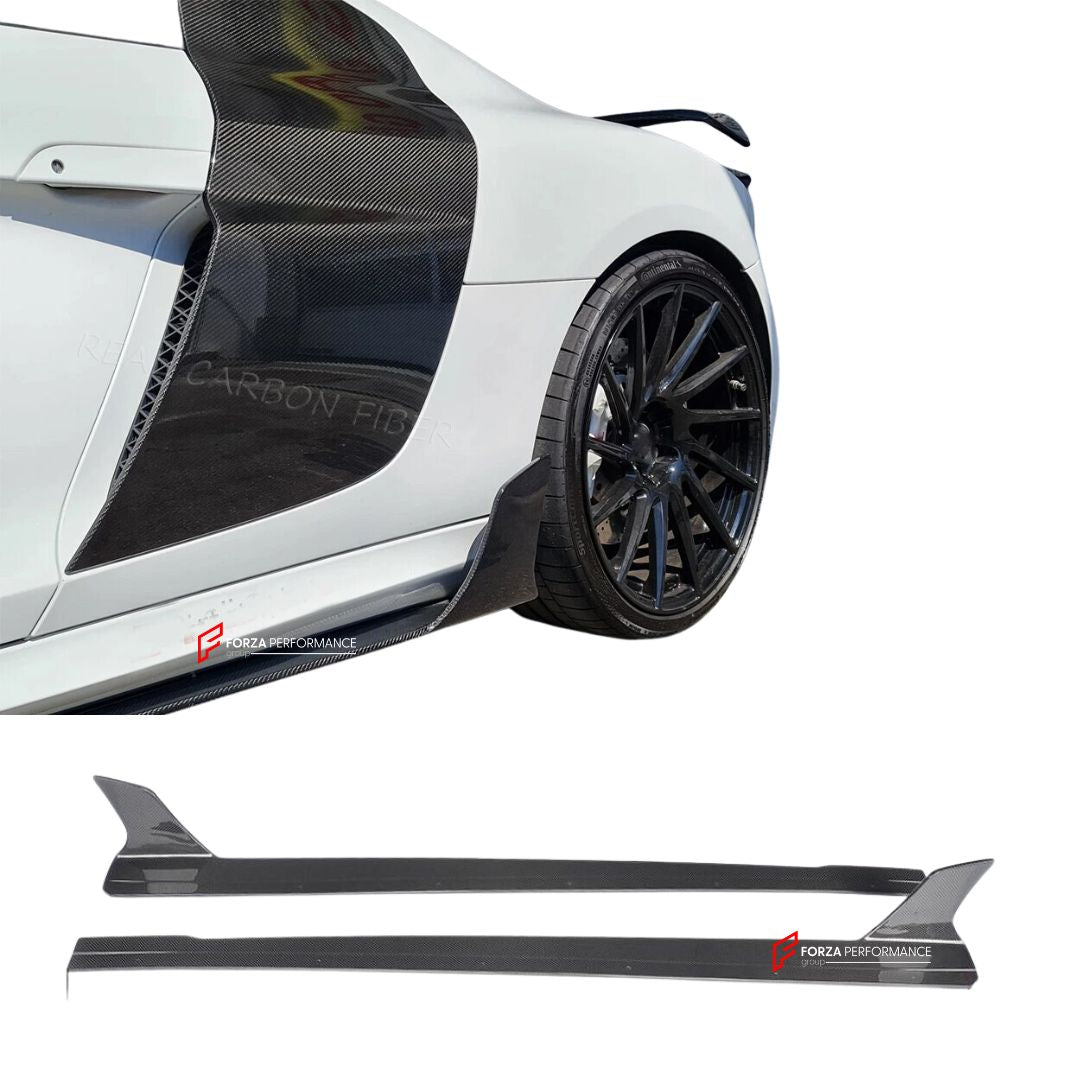 CARBON FIBER SIDE SKIRTS for AUDI R8 V8 V10 2008 - 2015 FORZA PERFORMANCE Custom Fit
Set includes:

Side Skirts
Material: Carbon Fiber

NOTE: Professional installation is required.

Why “Contact Us for Pricing”?
We don’t display fixed prices because our goal is to offer you the most competitive deal possible. Product costs often decrease over time, and by requesting a quote, you’ll receive our most up-to-date price on market.

SECURED PAYMENT METHODS
PayPal (+4.4% fee)
Visa / Mastercard / American Express (