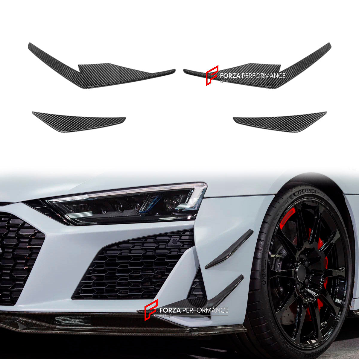 CARBON Front Bumper Canards for Audi R8 V8 V10 Coupe Spyder 2019+
Set includes:

Front Bumper Canards
Material: Carbon

NOTE: Professional installation is required.