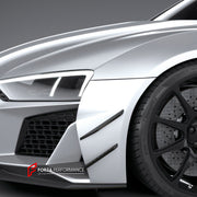 CARBON Front Bumper Canards for Audi R8 V8 V10 Coupe Spyder 2019+
Set includes:

Front Bumper Canards
Material: Carbon

NOTE: Professional installation is required.
