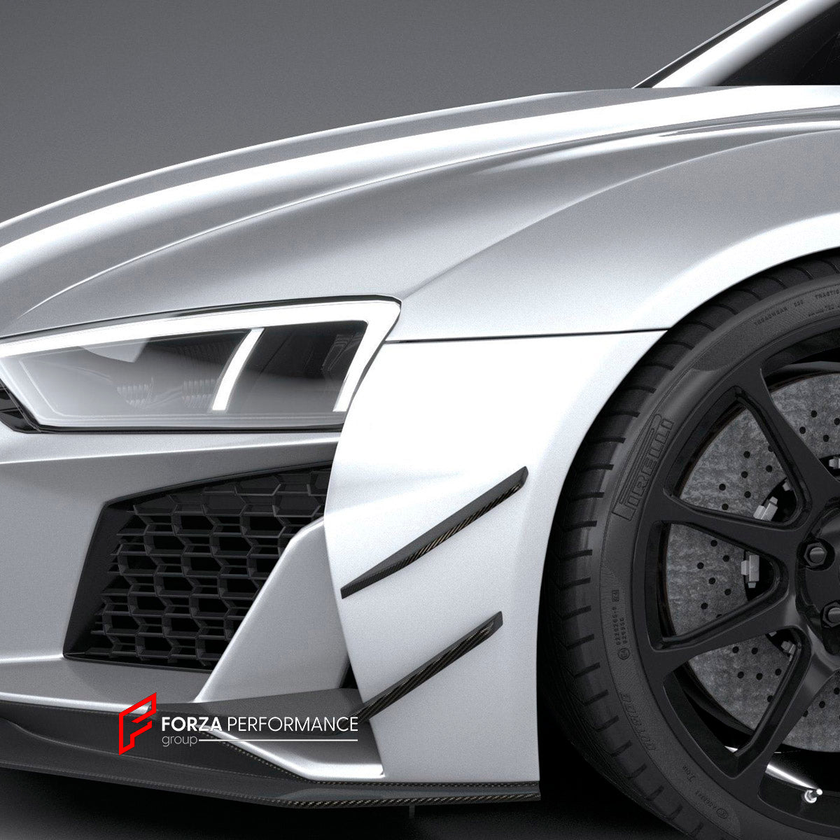 CARBON Front Bumper Canards for Audi R8 V8 V10 Coupe Spyder 2019+
Set includes:

Front Bumper Canards
Material: Carbon

NOTE: Professional installation is required.