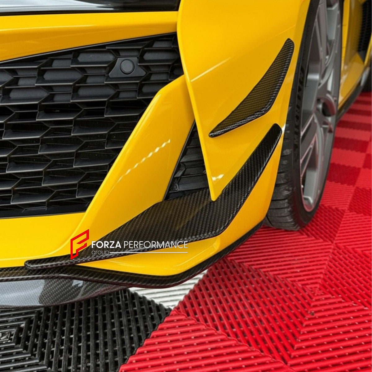 CARBON Front Bumper Canards for Audi R8 V8 V10 Coupe Spyder 2019+
Set includes:

Front Bumper Canards
Material: Carbon

NOTE: Professional installation is required.