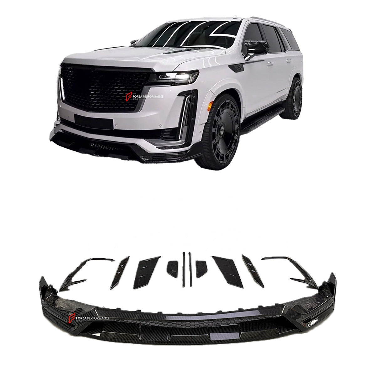 FORZA PERFORMANCE CARBON FRONT LIP AND FRONT BUMPER TRIMS for CADILLAC ESCALADE 2021 - 2024 custom fit MANSORY