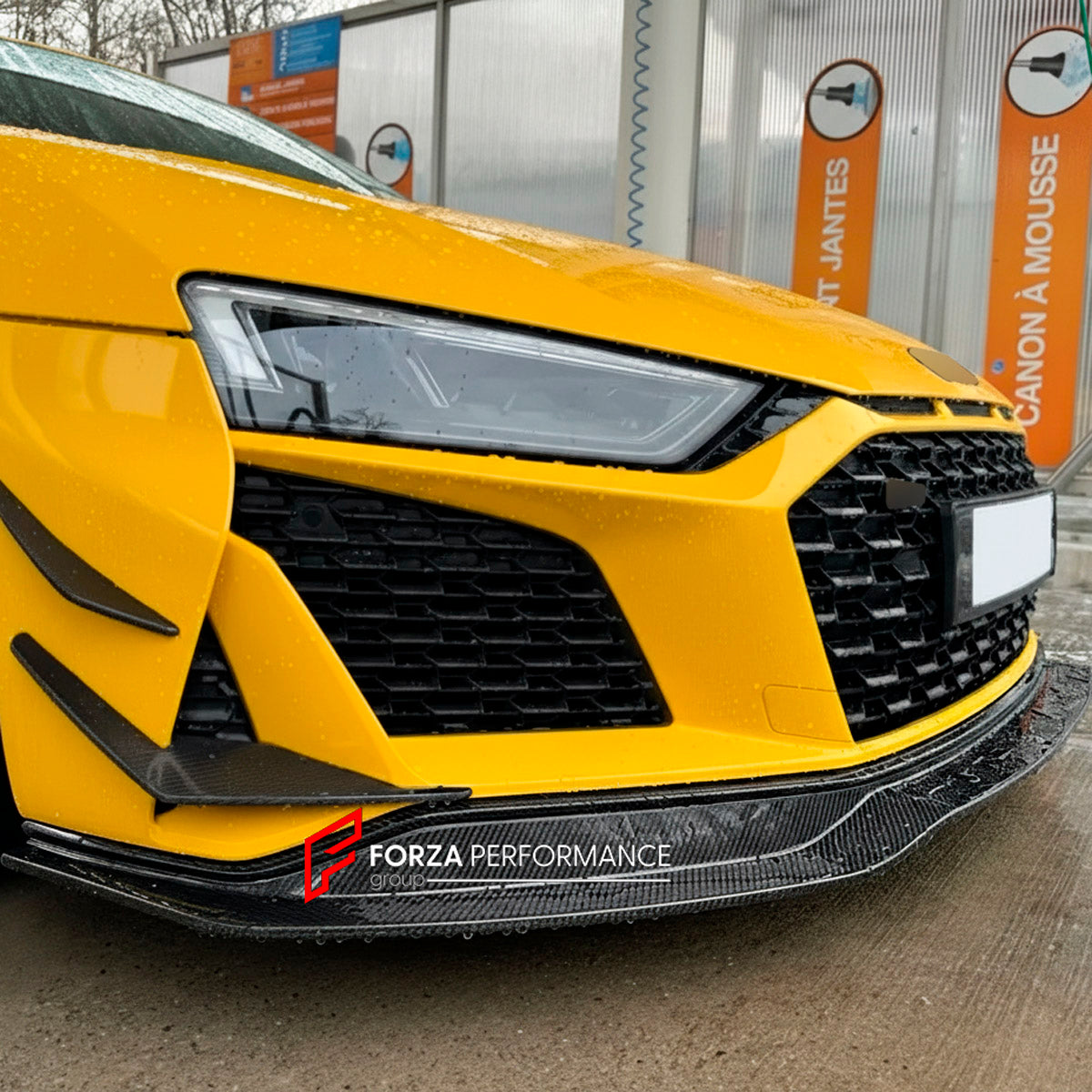 CARBON Front Lip for Audi R8 V8 V10 Coupe Spyder 2019+
Set includes:

Front Lip
Material: Carbon

NOTE: Professional installation is required.