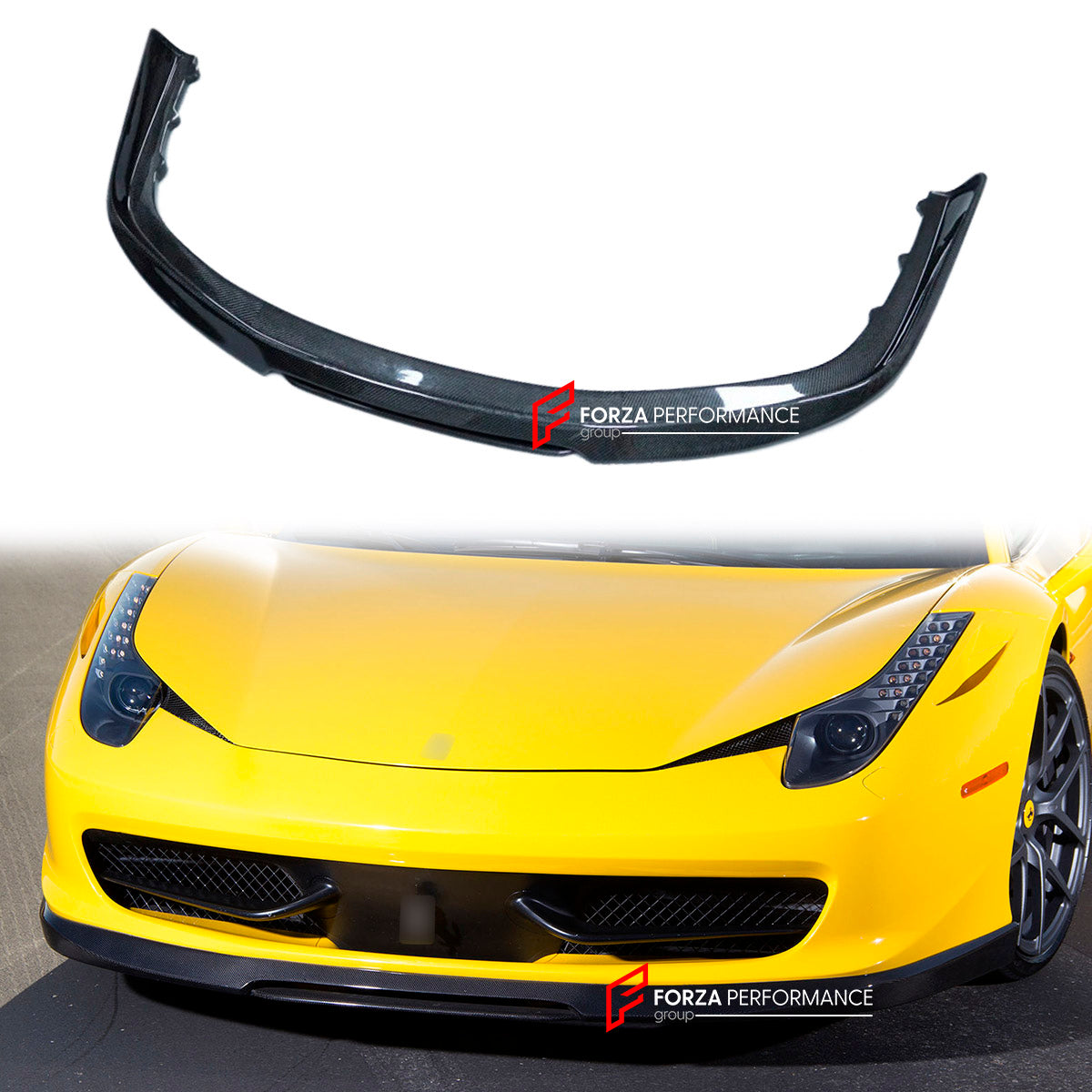 CARBON Front Lip for Ferrari 458 Coupe 2011 - 2013
Set includes:

Front Lip
Material: Carbon

NOTE: Professional installation is required.