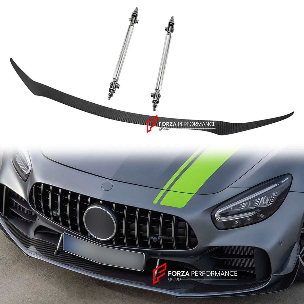 CARBON Front Lip for Mercedes Benz AMG GTR 2016 - 2020
Set includes:

Front Lip
Support rods
Material: Carbon

NOTE: Professional installation is required.