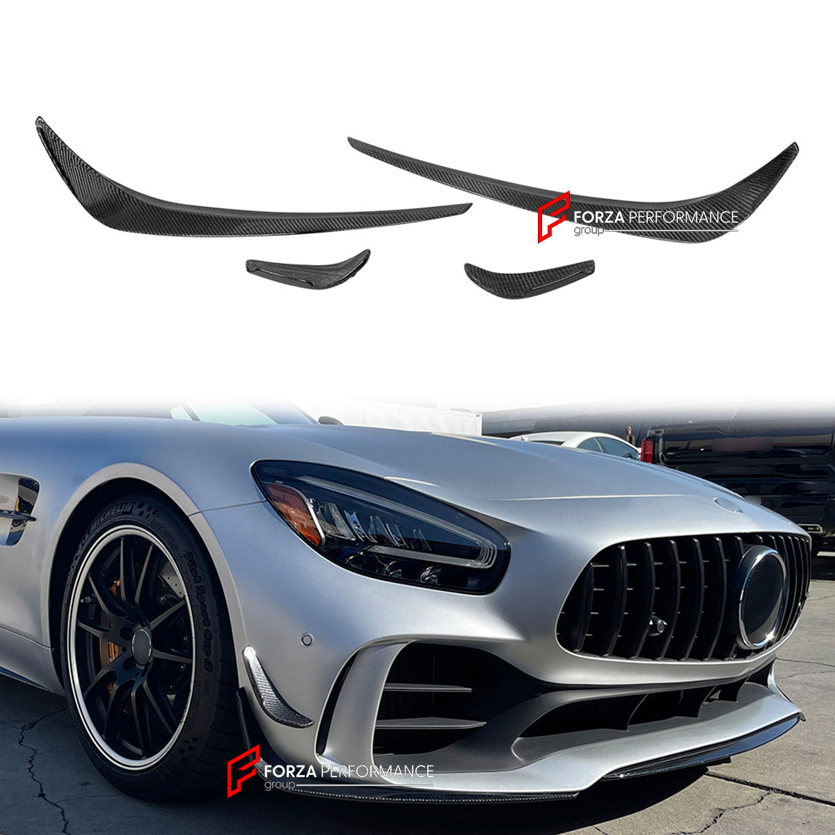 CARBON Front Lip with Front Bumper Canards for Mercedes Benz AMG GTR 2017 - 2021
Set includes:

Front Lip
Front Bumper Canards
Material: Carbon

NOTE: Professional installation is required.