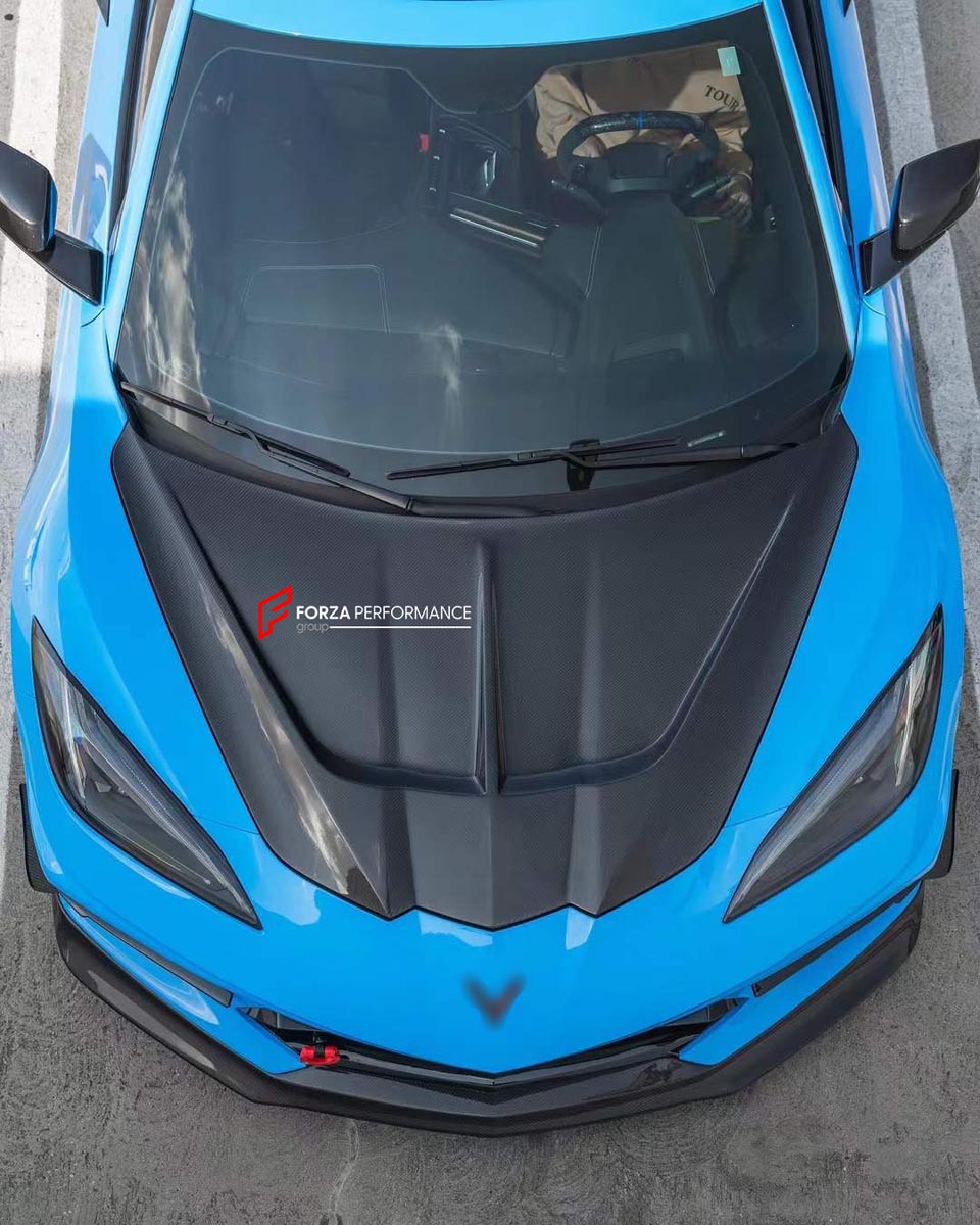 CARBON HOOD BONNET for CHEVROLET CORVETTE C8 STINGRAY Z06 E RAY 2020+ Forza Performance Custom fit
Set includes:

Hood Bonnet
Material: Carbon

NOTE: Professional installation is required.