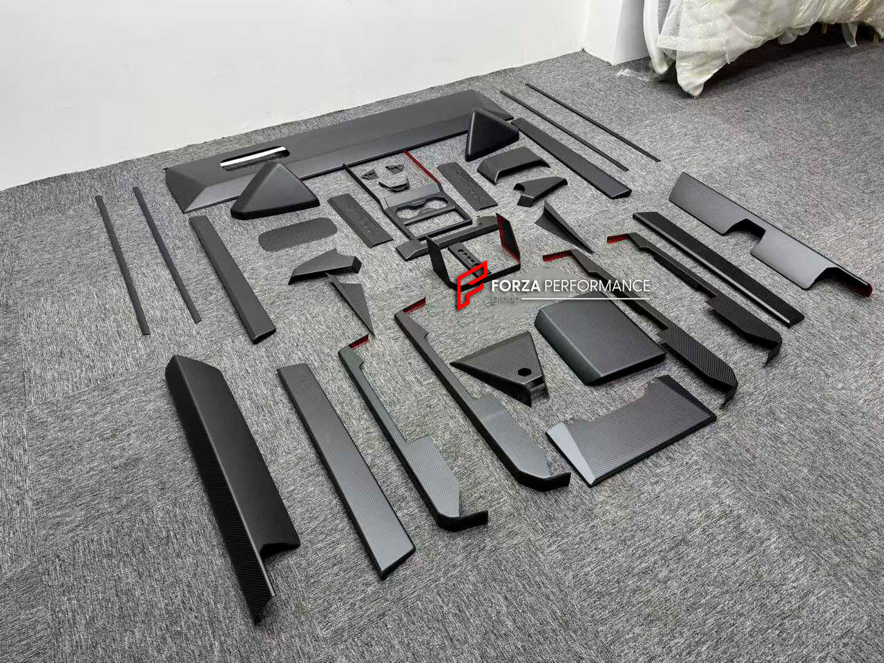 CARBON INTERIOR KIT for TESLA CYBERTRUCK 2023+

Set includes:

Dashboard Trim
Central Console Trim
Door Sills
Door Trims

Material: Carbon

NOTE: Professional installation is required.