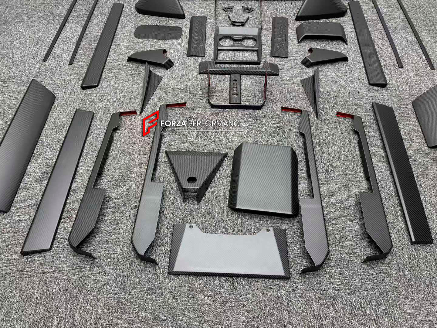 CARBON INTERIOR KIT for TESLA CYBERTRUCK 2023+

Set includes:

Dashboard Trim
Central Console Trim
Door Sills
Door Trims

Material: Carbon

NOTE: Professional installation is required.