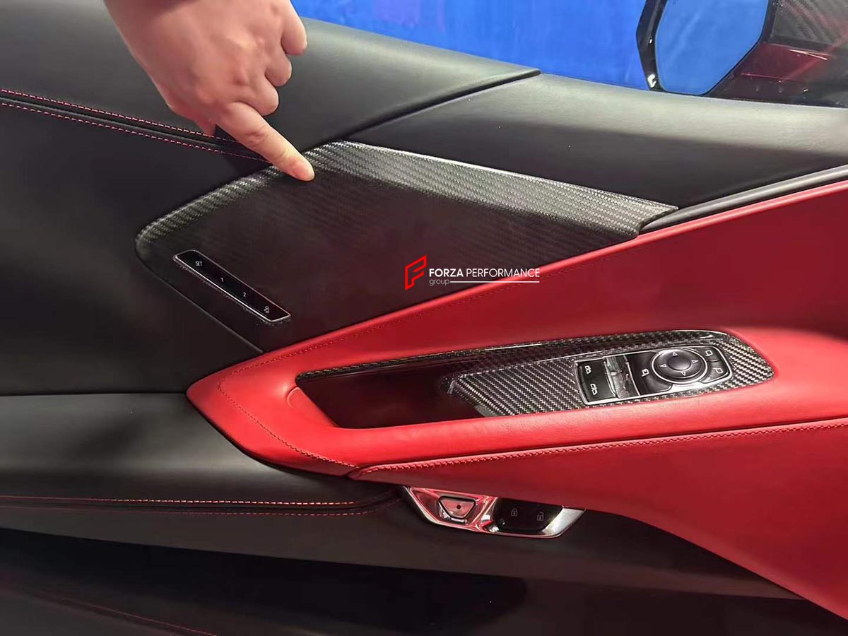 CARBON INTERIOR TRIM KIT for CHEVROLET CORVETTE C8 STINGRAY Z06 E RAY 2020+ Forza Performance Custom fit
Set includes:

Door Trim Panels
Door Window Switch Panels
Door Pull Handle Trims
Steering Wheel Trim
Center Console Trim
Rear Bulkhead Trim
Material: Carbon

NOTE: Professional installation is required.