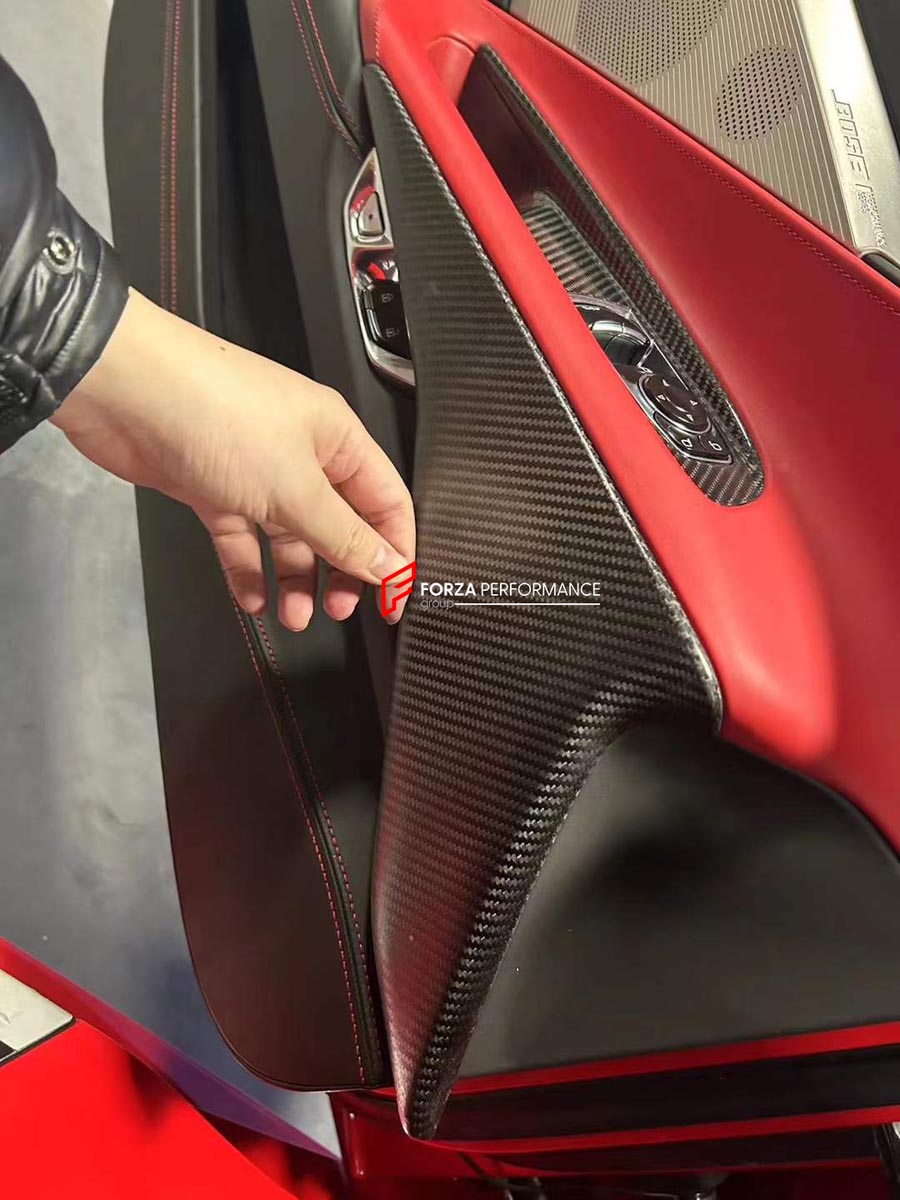 CARBON INTERIOR TRIM KIT for CHEVROLET CORVETTE C8 STINGRAY Z06 E RAY 2020+ Forza Performance Custom fit
Set includes:

Door Trim Panels
Door Window Switch Panels
Door Pull Handle Trims
Steering Wheel Trim
Center Console Trim
Rear Bulkhead Trim
Material: Carbon

NOTE: Professional installation is required.