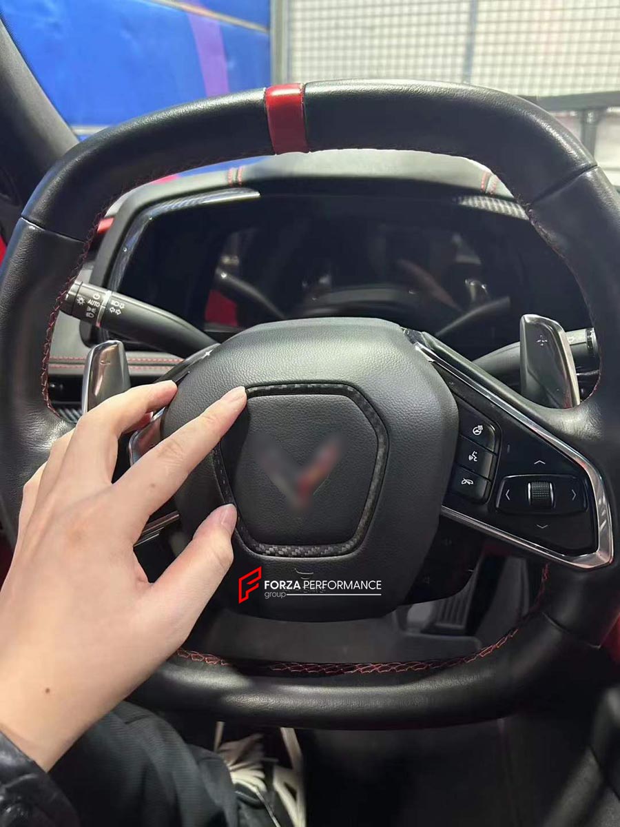 CARBON INTERIOR TRIM KIT for CHEVROLET CORVETTE C8 STINGRAY Z06 E RAY 2020+ Forza Performance Custom fit
Set includes:

Door Trim Panels
Door Window Switch Panels
Door Pull Handle Trims
Steering Wheel Trim
Center Console Trim
Rear Bulkhead Trim
Material: Carbon

NOTE: Professional installation is required.